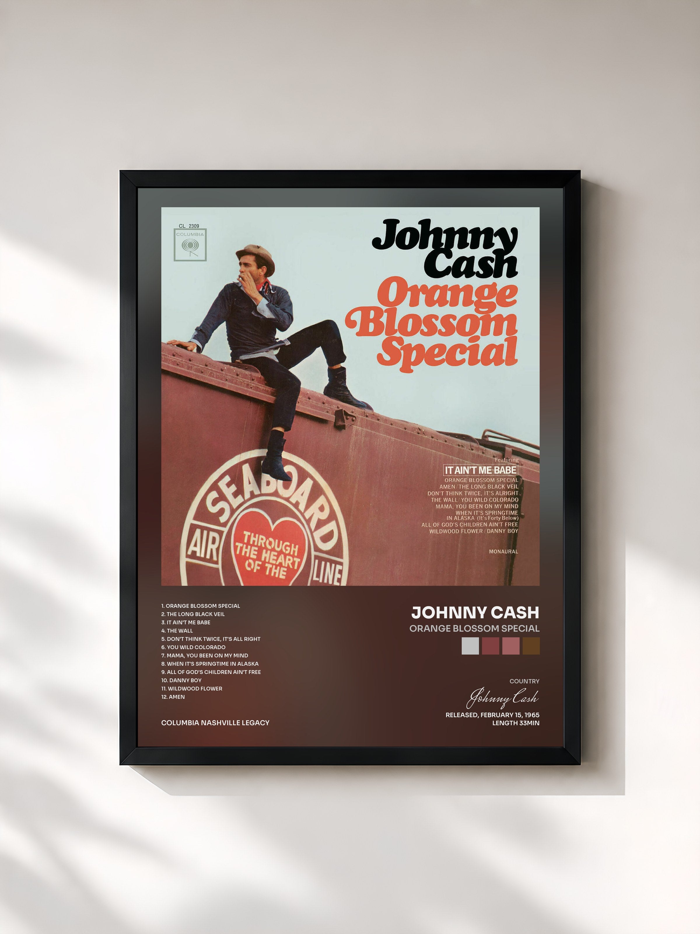 #noir Tableau de l'album Orange Blossom Special de Johnny Cash, cadre noir, imprimé et encadré en France