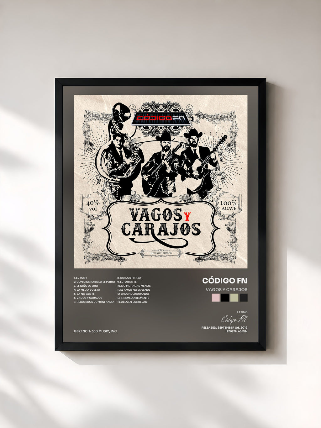 #noir Tableau de l'album Vagos y Carajos de Código FN, cadre noir, imprimé et encadré en France