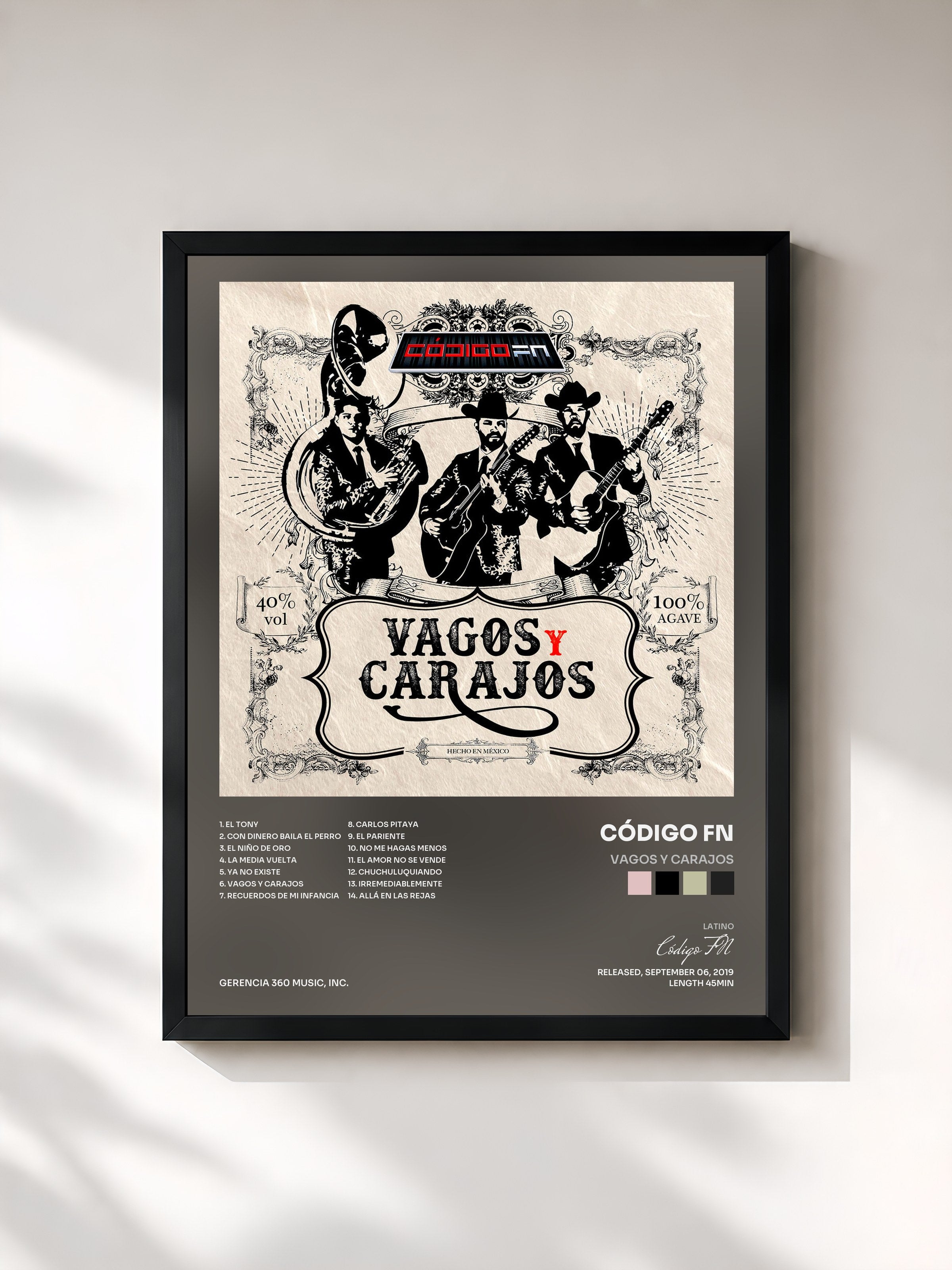 #noir Tableau de l'album Vagos y Carajos de Código FN, cadre noir, imprimé et encadré en France