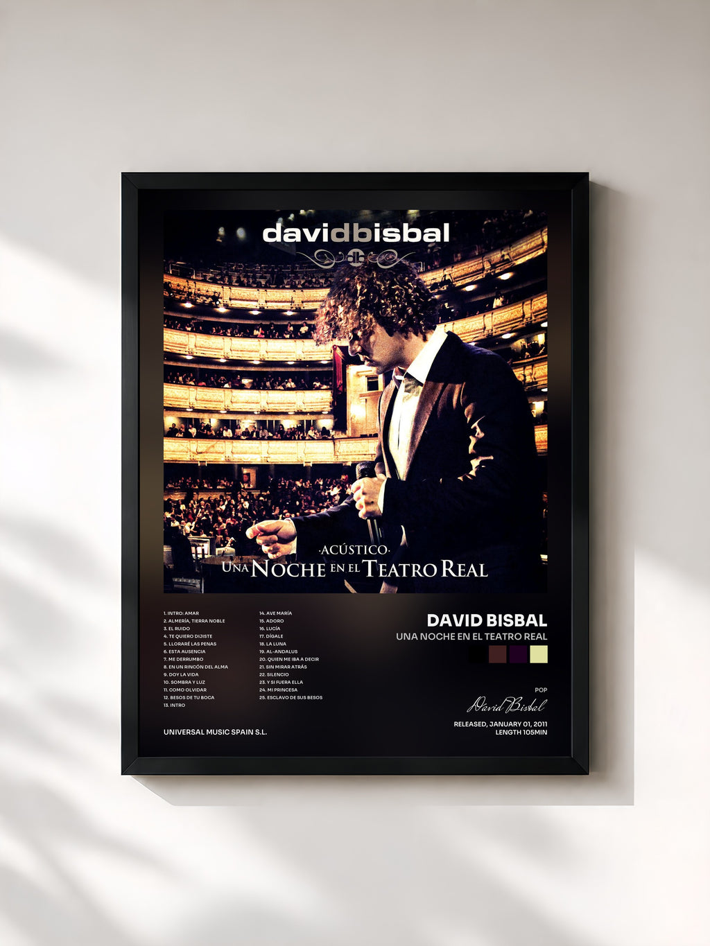 #noir Tableau de l'album Una Noche En El Teatro Real de David Bisbal, cadre noir, imprimé et encadré en France