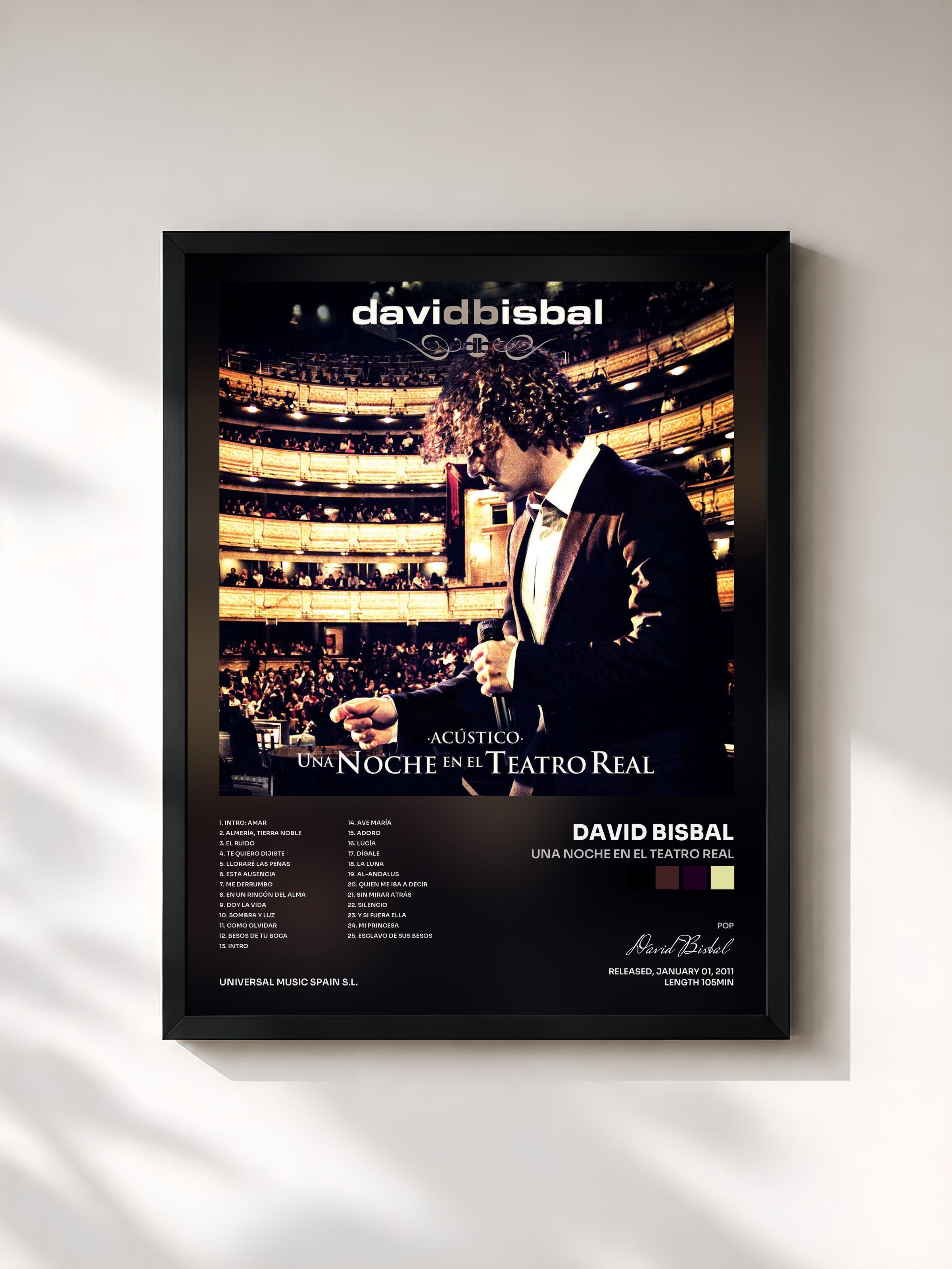#noir Tableau de l'album Una Noche En El Teatro Real de David Bisbal, cadre noir, imprimé et encadré en France