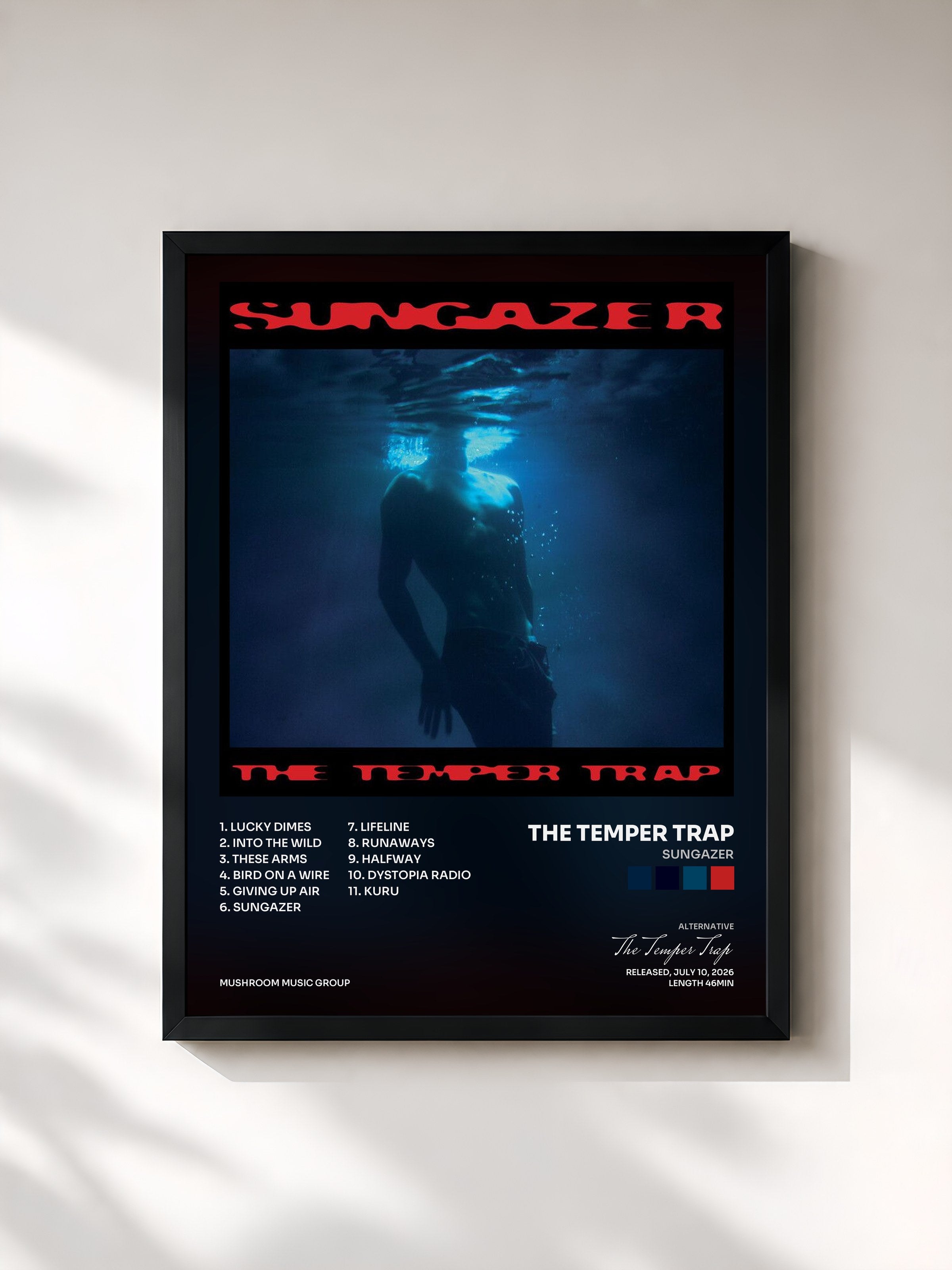 #noir Tableau de l'album Sungazer de The Temper Trap, cadre noir, imprimé et encadré en France