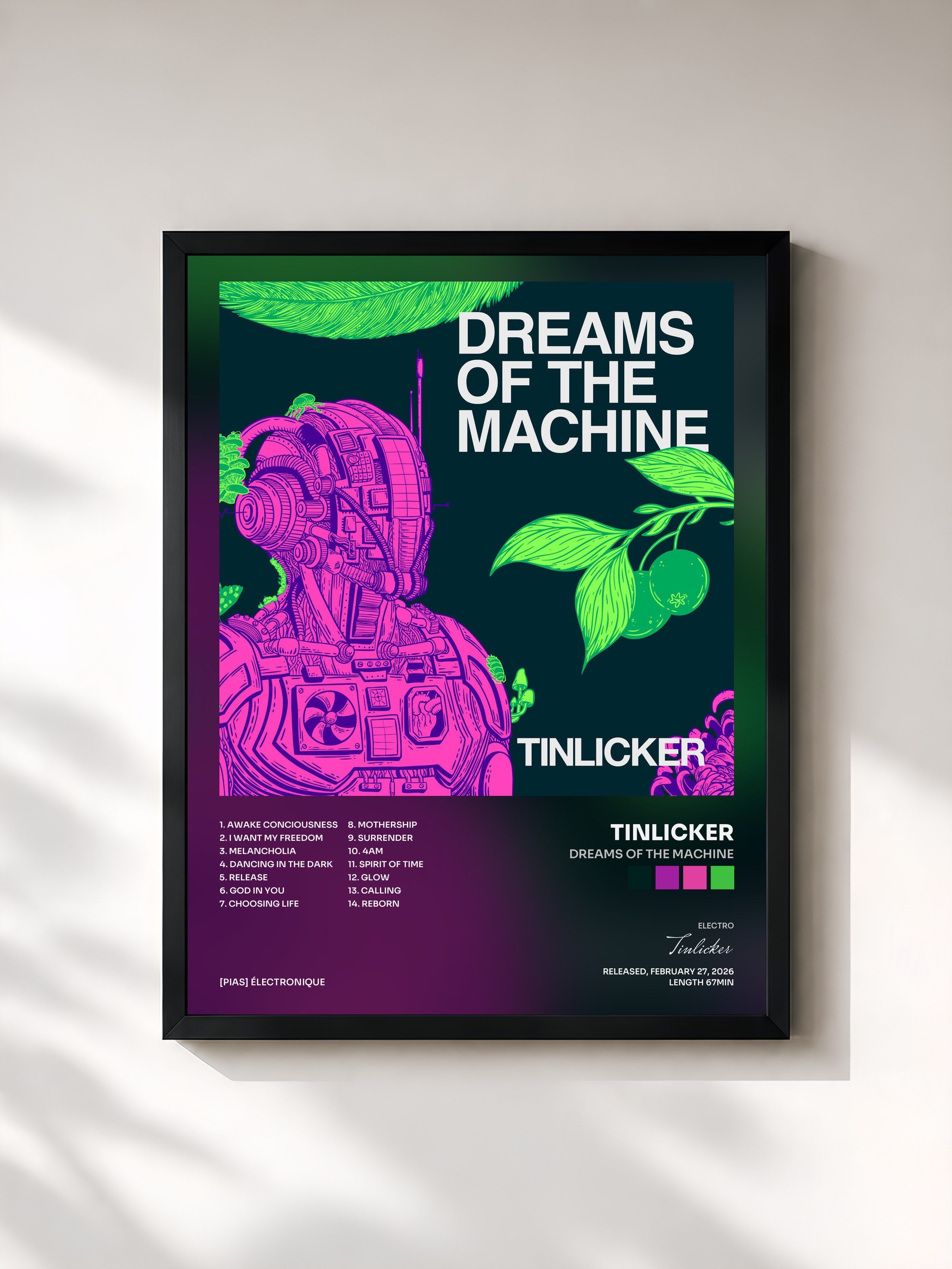 #noir Tableau de l'album Dreams Of The Machine de Tinlicker, cadre noir, imprimé et encadré en France