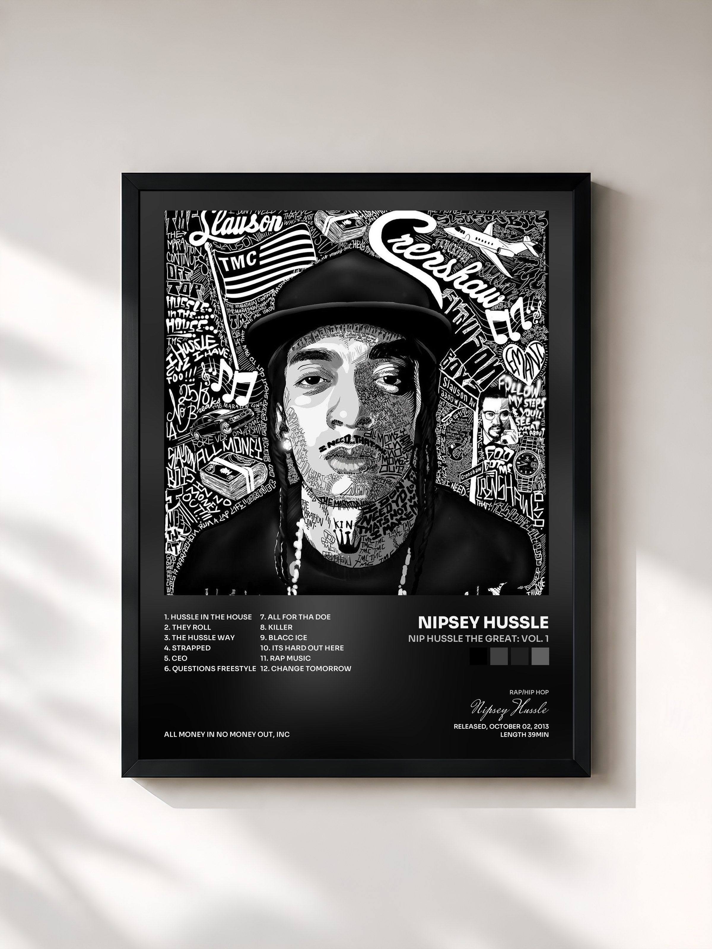 #noir Tableau de l'album Nip Hussle The Great: Vol. 1 de Nipsey Hussle, cadre noir, imprimé et encadré en France