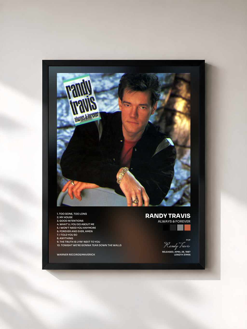 #noir Tableau de l'album Always & Forever de Randy Travis, cadre noir, imprimé et encadré en France