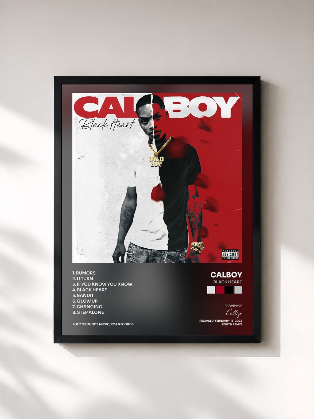 #noir Tableau de l'album Black Heart de Calboy, cadre noir, imprimé et encadré en France