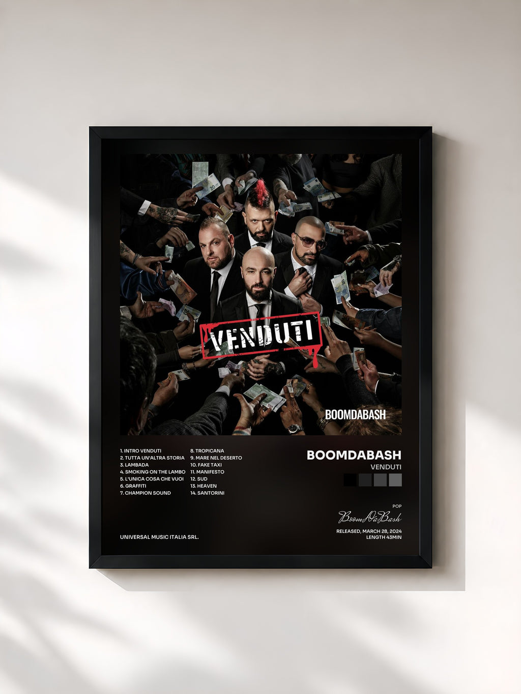 #noir Tableau de l'album Venduti de BoomDaBash, cadre noir, imprimé et encadré en France