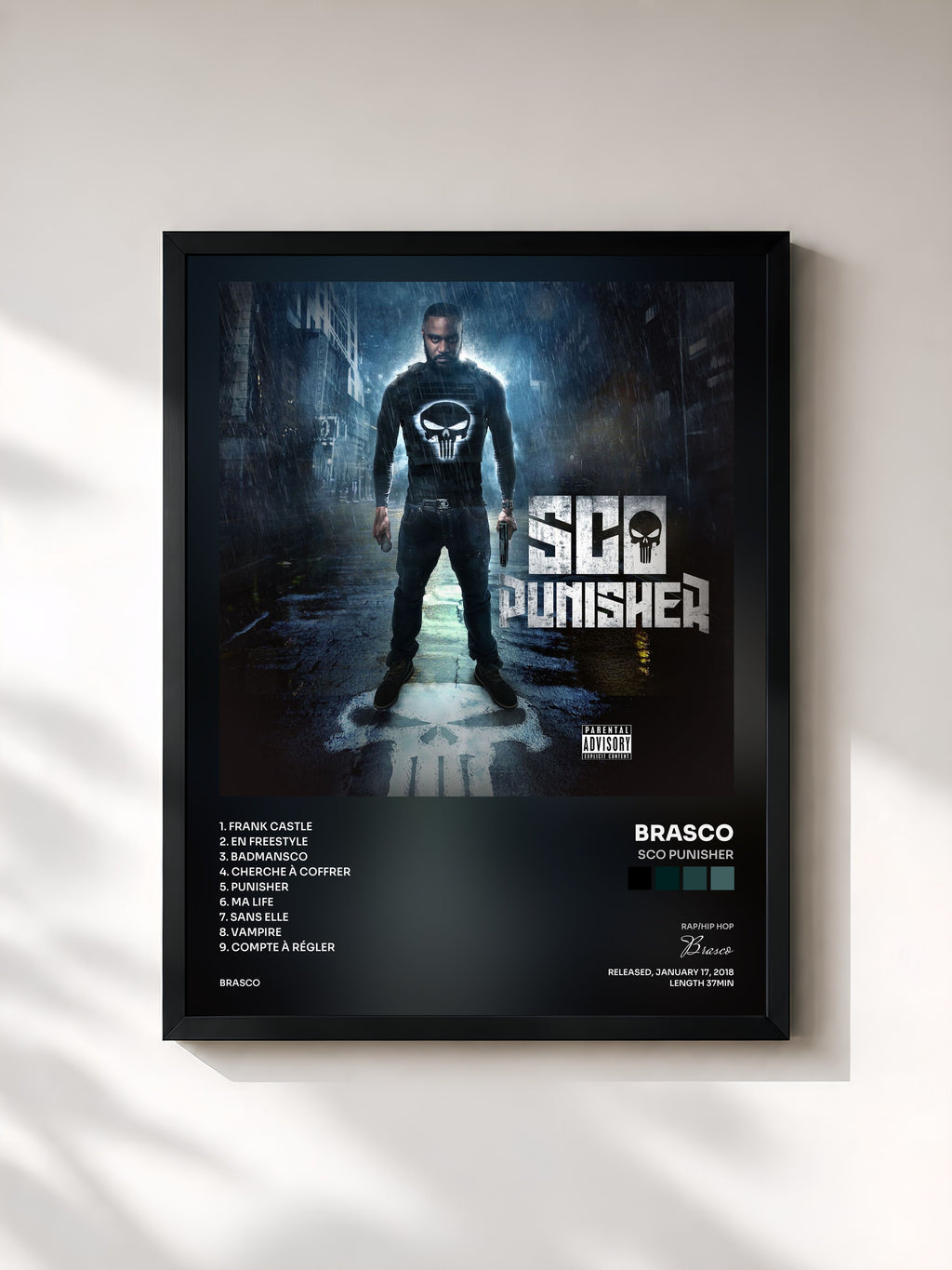#noir Tableau de l'album Sco Punisher de Brasco, cadre noir, imprimé et encadré en France