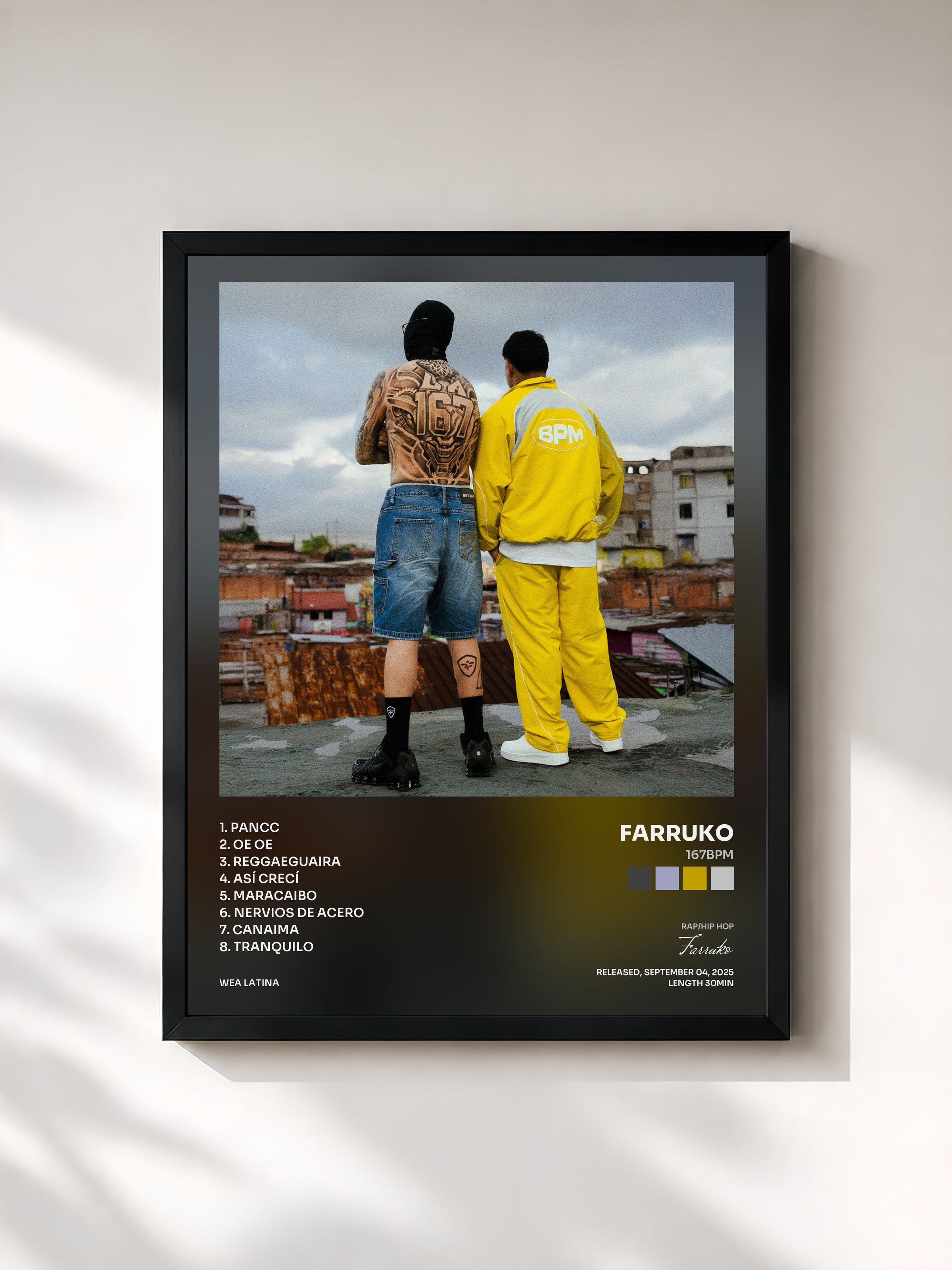 #noir Tableau de l'album 167BPM de Farruko, cadre noir, imprimé et encadré en France