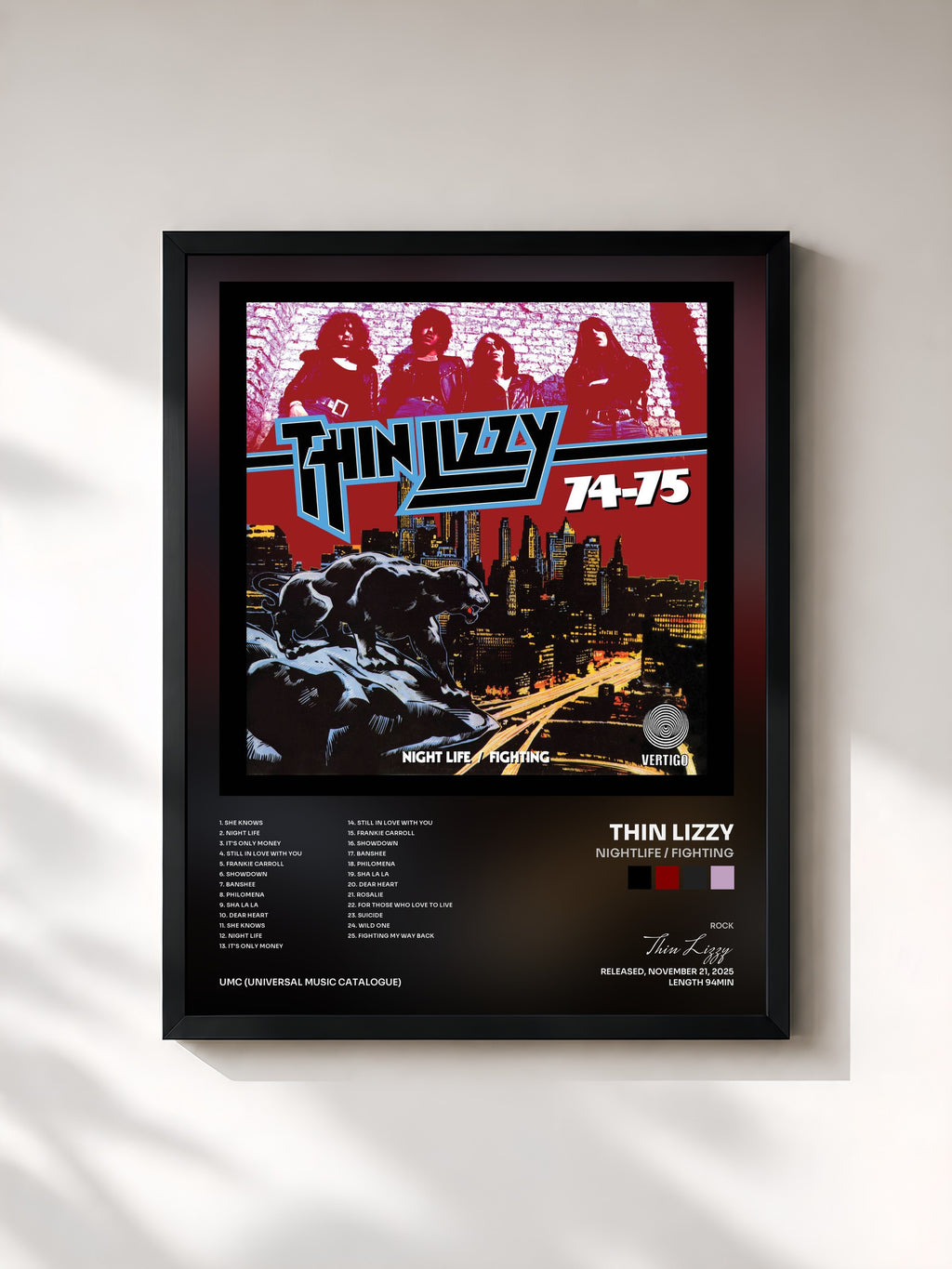#noir Tableau de l'album Nightlife / Fighting de Thin Lizzy, cadre noir, imprimé et encadré en France