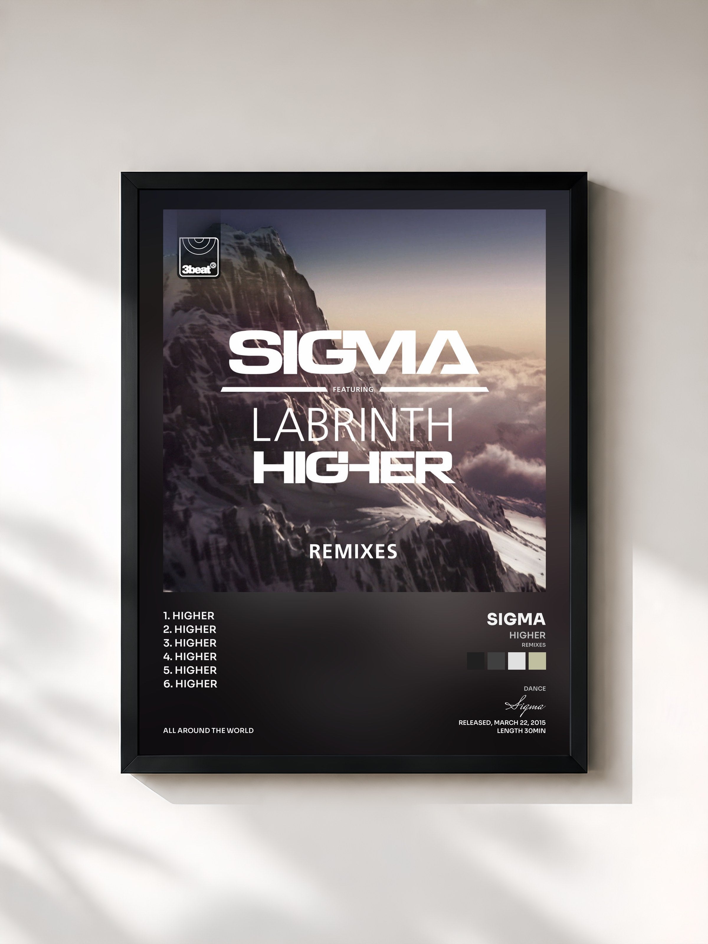 #noir Tableau de l'album Higher (Remixes) de Sigma, cadre noir, imprimé et encadré en France
