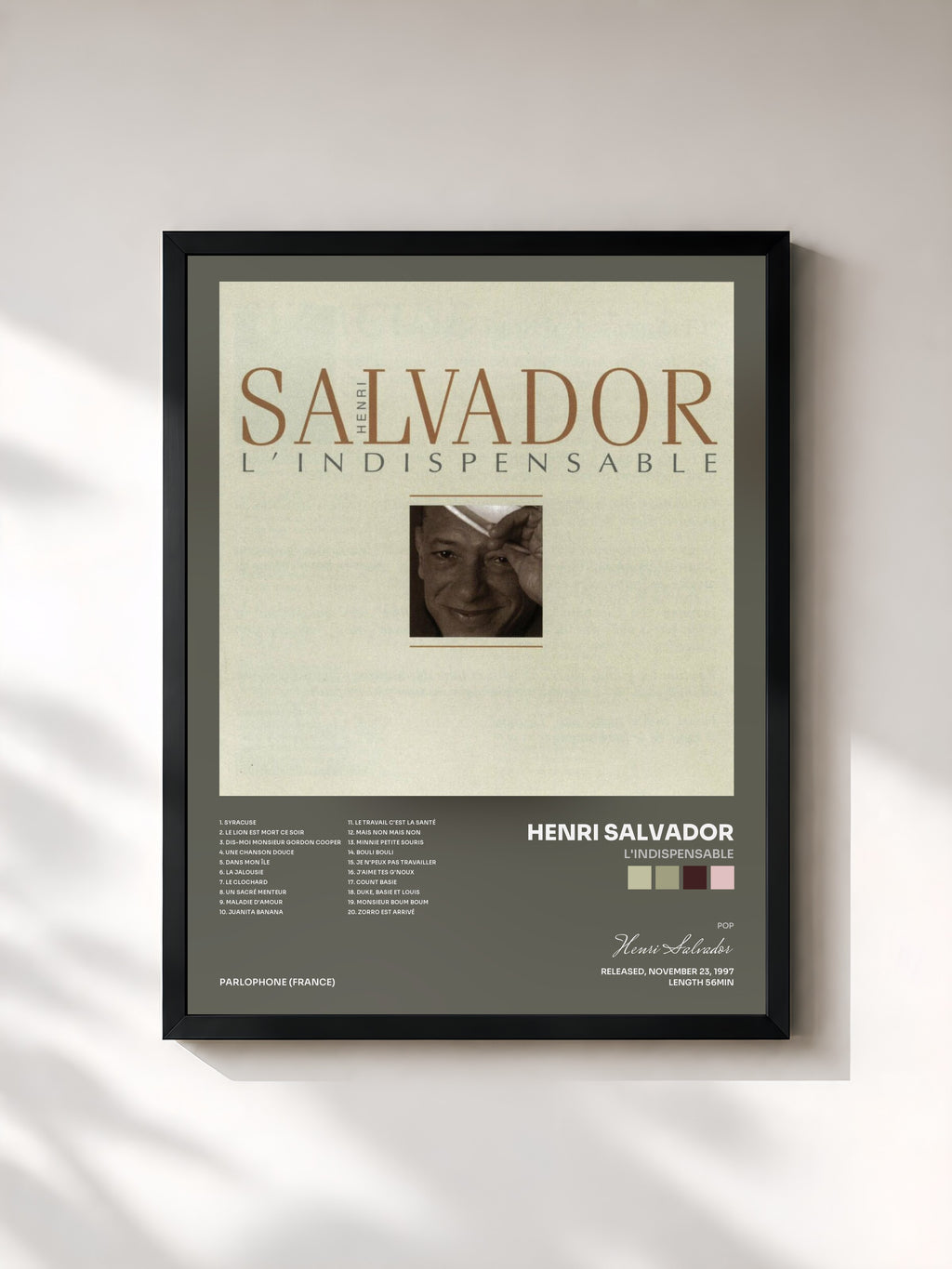 #noir Tableau de l'album l'indispensable de Henri Salvador, cadre noir, imprimé et encadré en France