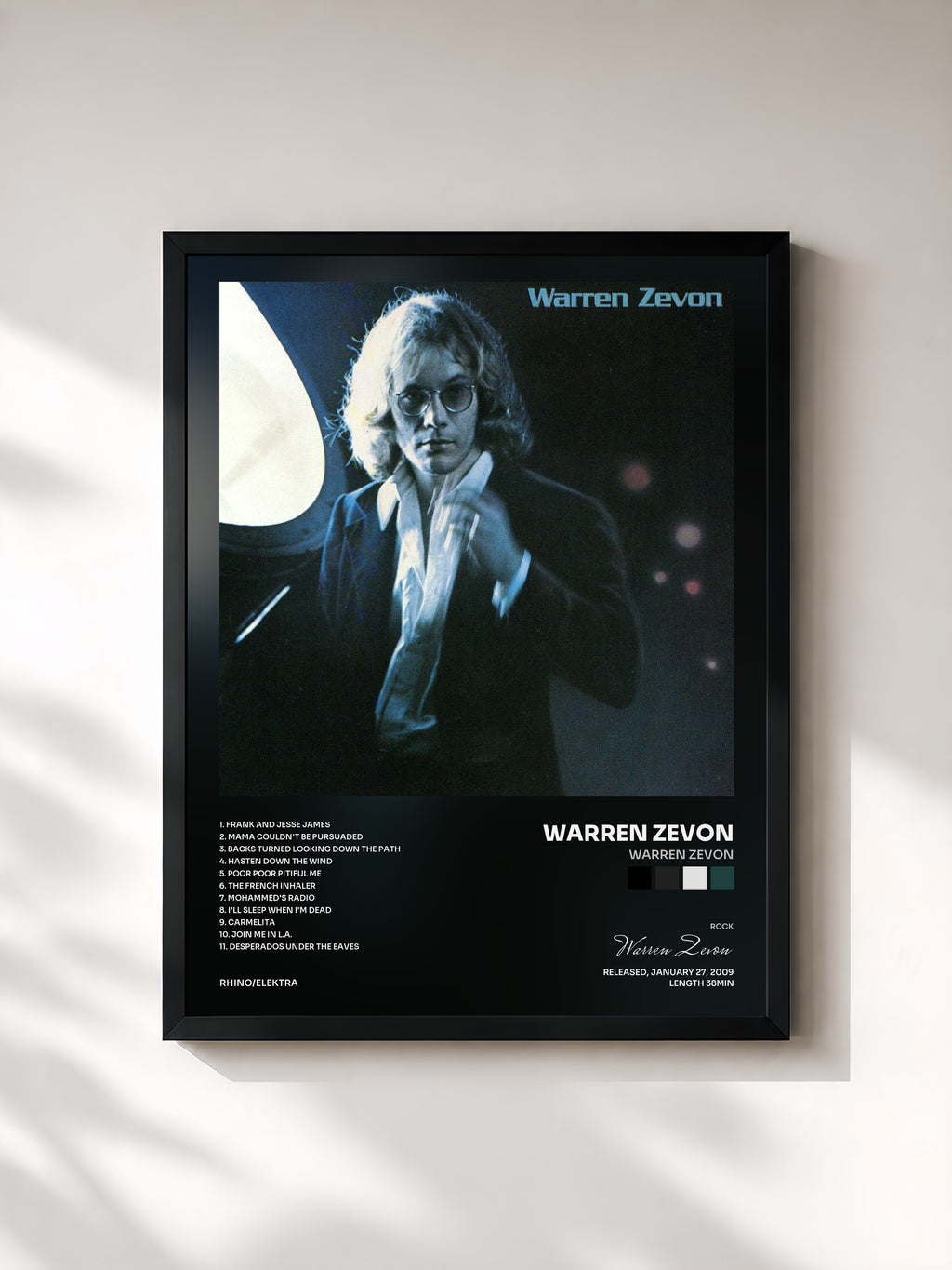 #noir Tableau de l'album Warren Zevon de Warren Zevon, cadre noir, imprimé et encadré en France
