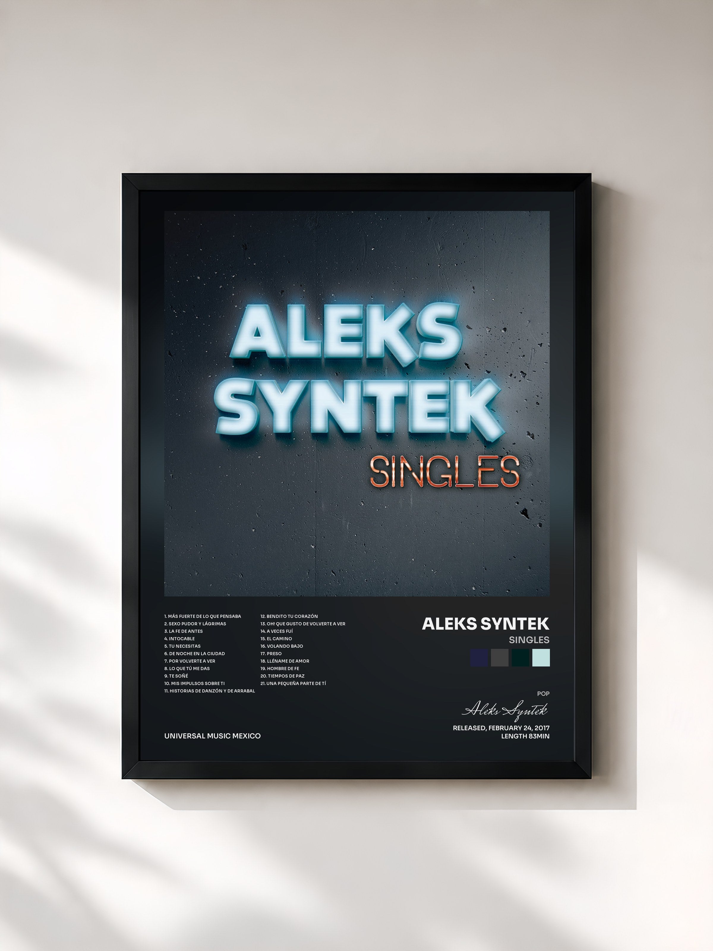 #noir Tableau de l'album Singles de Aleks Syntek, cadre noir, imprimé et encadré en France