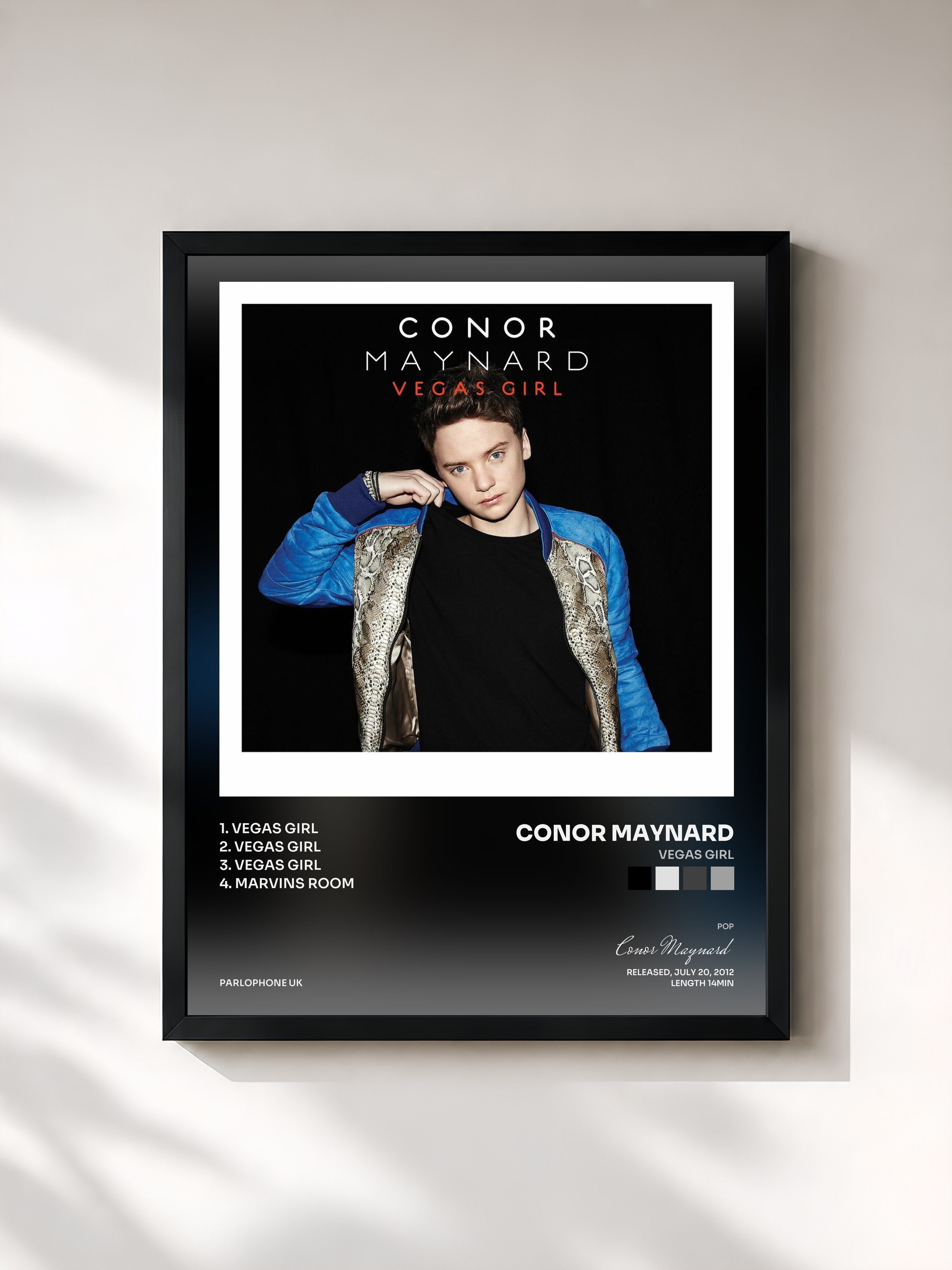 #noir Tableau de l'album Vegas Girl de Conor Maynard, cadre noir, imprimé et encadré en France