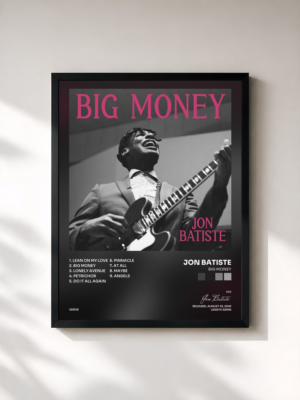 #noir Tableau de l'album BIG MONEY de Jon Batiste, cadre noir, imprimé et encadré en France
