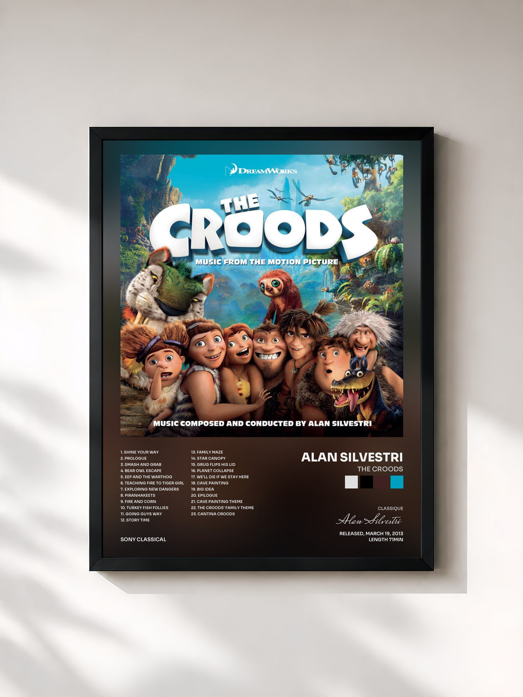 #noir Tableau de l'album The Croods de Alan Silvestri, cadre noir, imprimé et encadré en France
