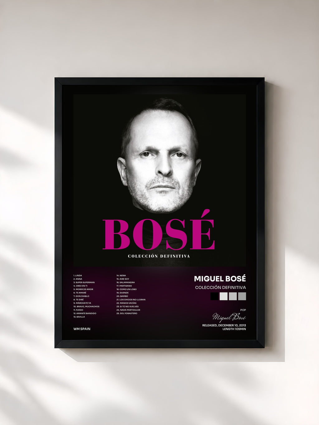 #noir Tableau de l'album Colección Definitiva de Miguel Bosé, cadre noir, imprimé et encadré en France
