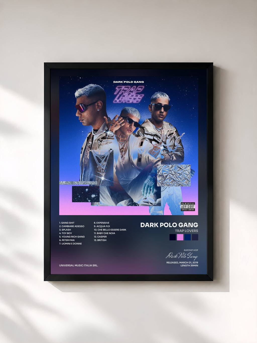 #noir Tableau de l'album Trap Lovers de Dark Polo Gang, cadre noir, imprimé et encadré en France