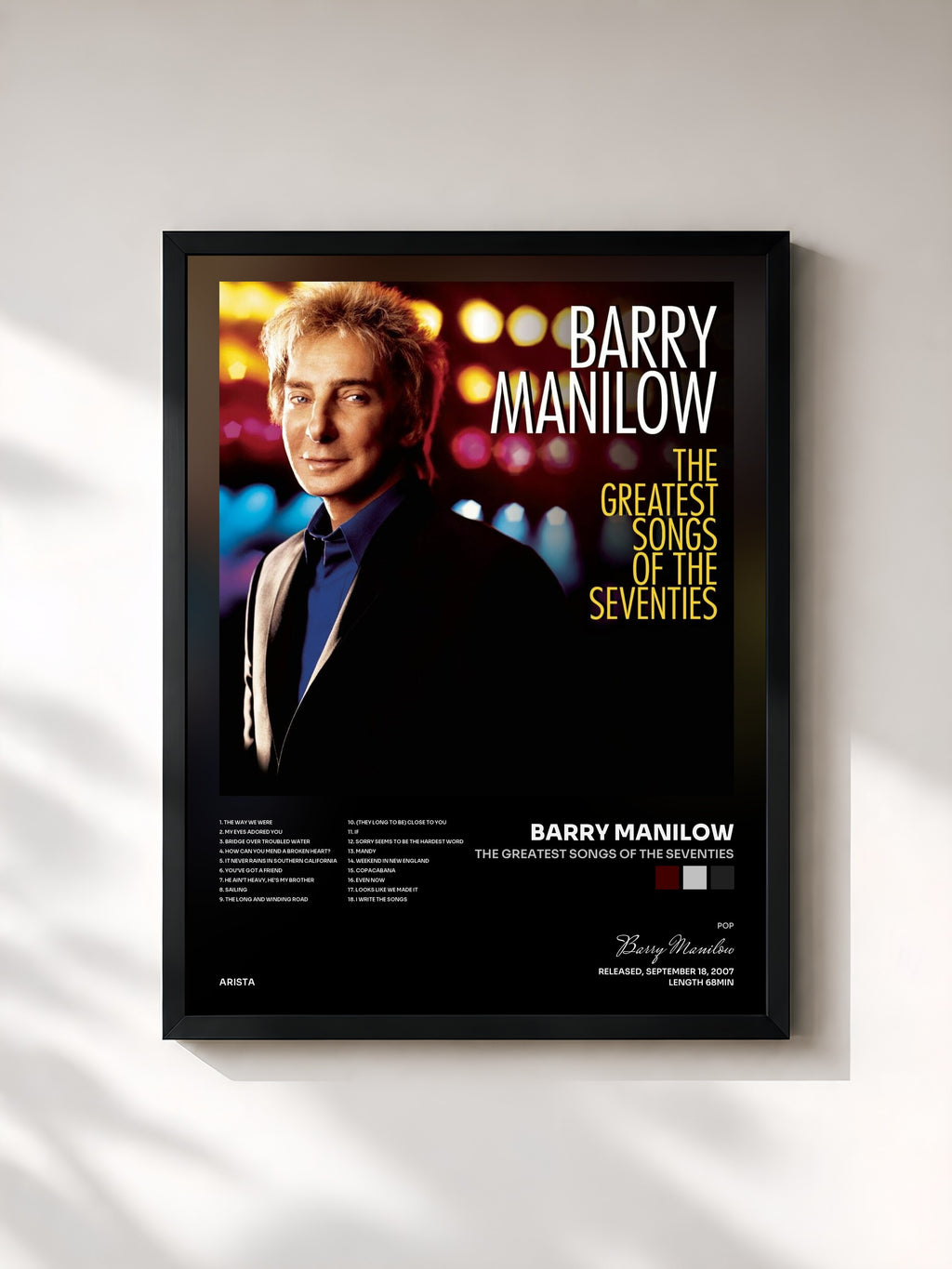 #noir Tableau de l'album The Greatest Songs Of The Seventies de Barry Manilow, cadre noir, imprimé et encadré en France