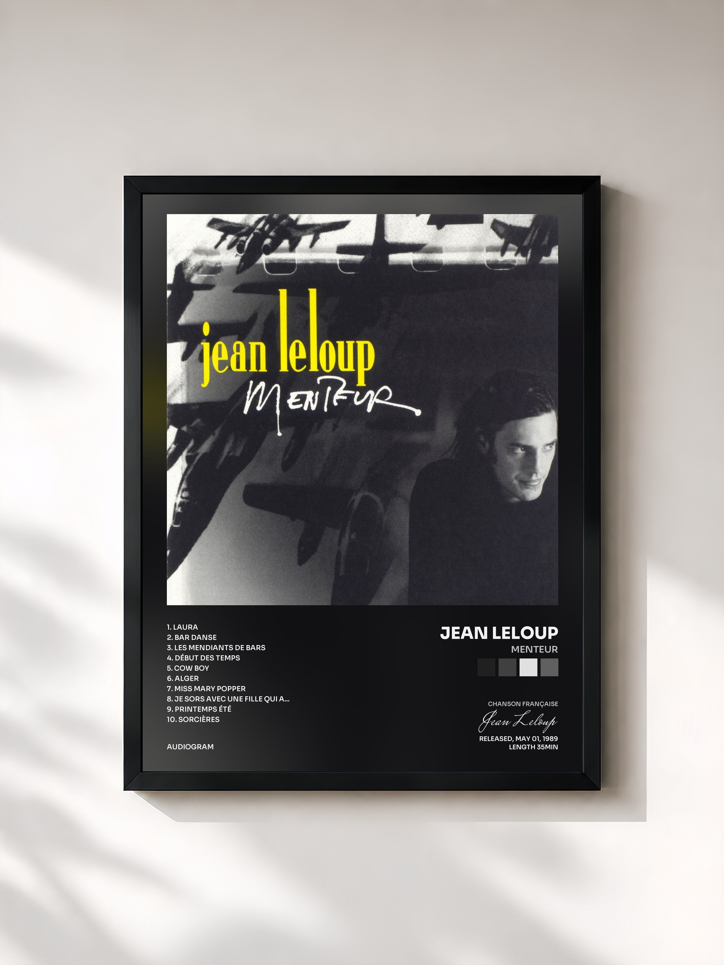 #noir Tableau de l'album Menteur de Jean Leloup, cadre noir, imprimé et encadré en France
