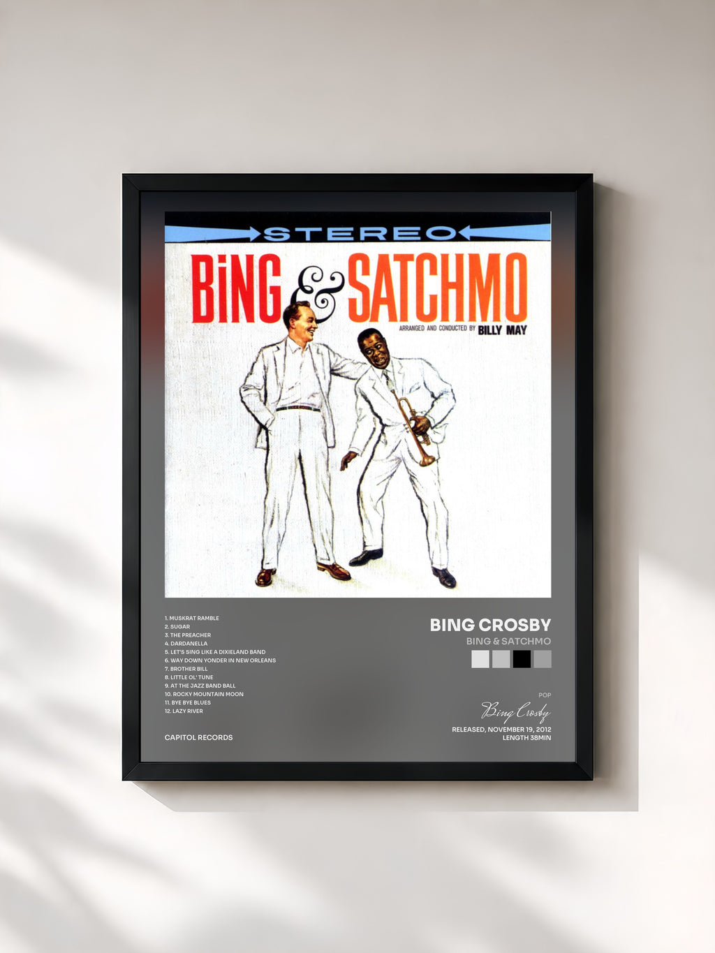 #noir Tableau de l'album Bing & Satchmo de Bing Crosby, cadre noir, imprimé et encadré en France