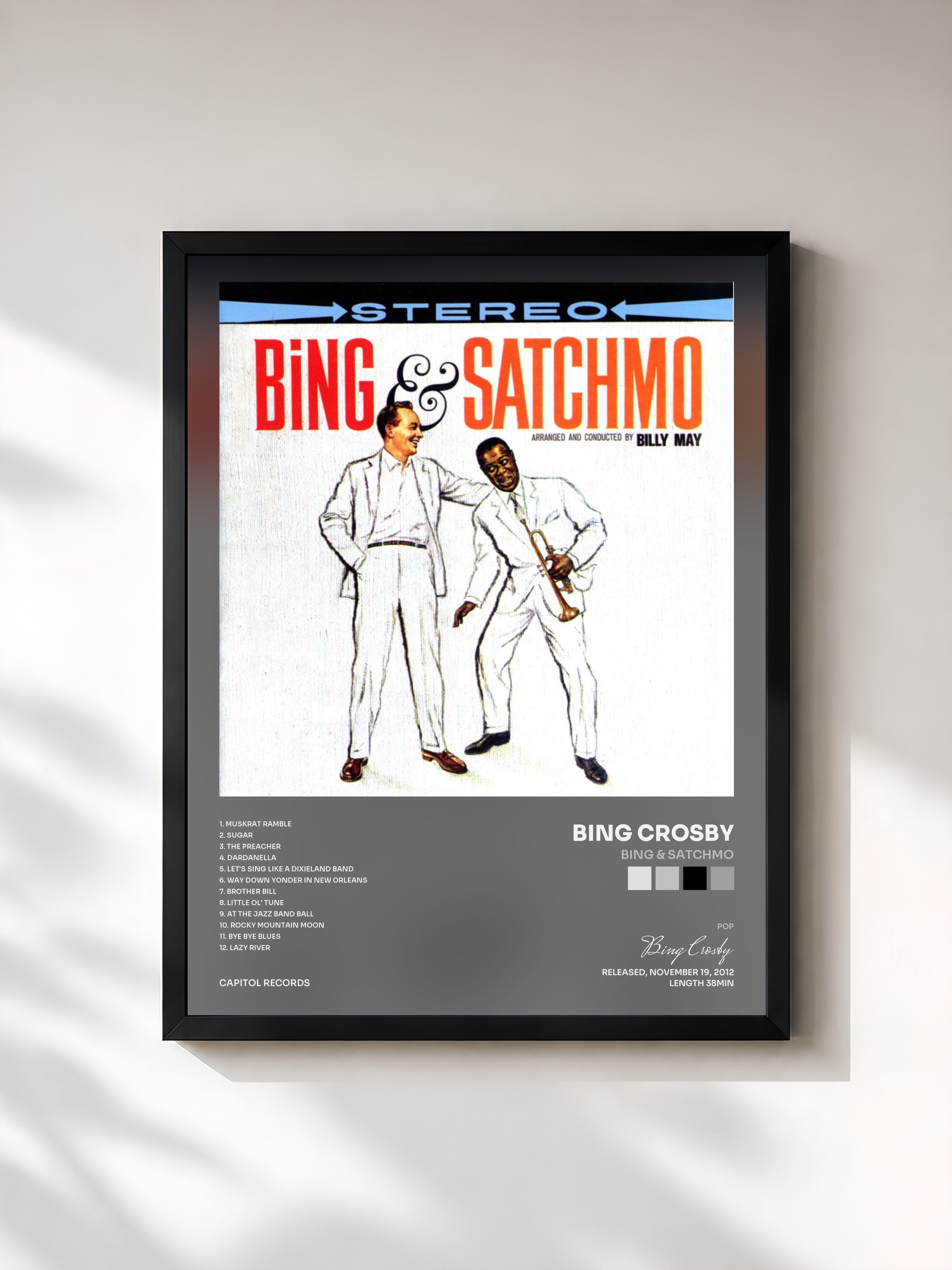 #noir Tableau de l'album Bing & Satchmo de Bing Crosby, cadre noir, imprimé et encadré en France