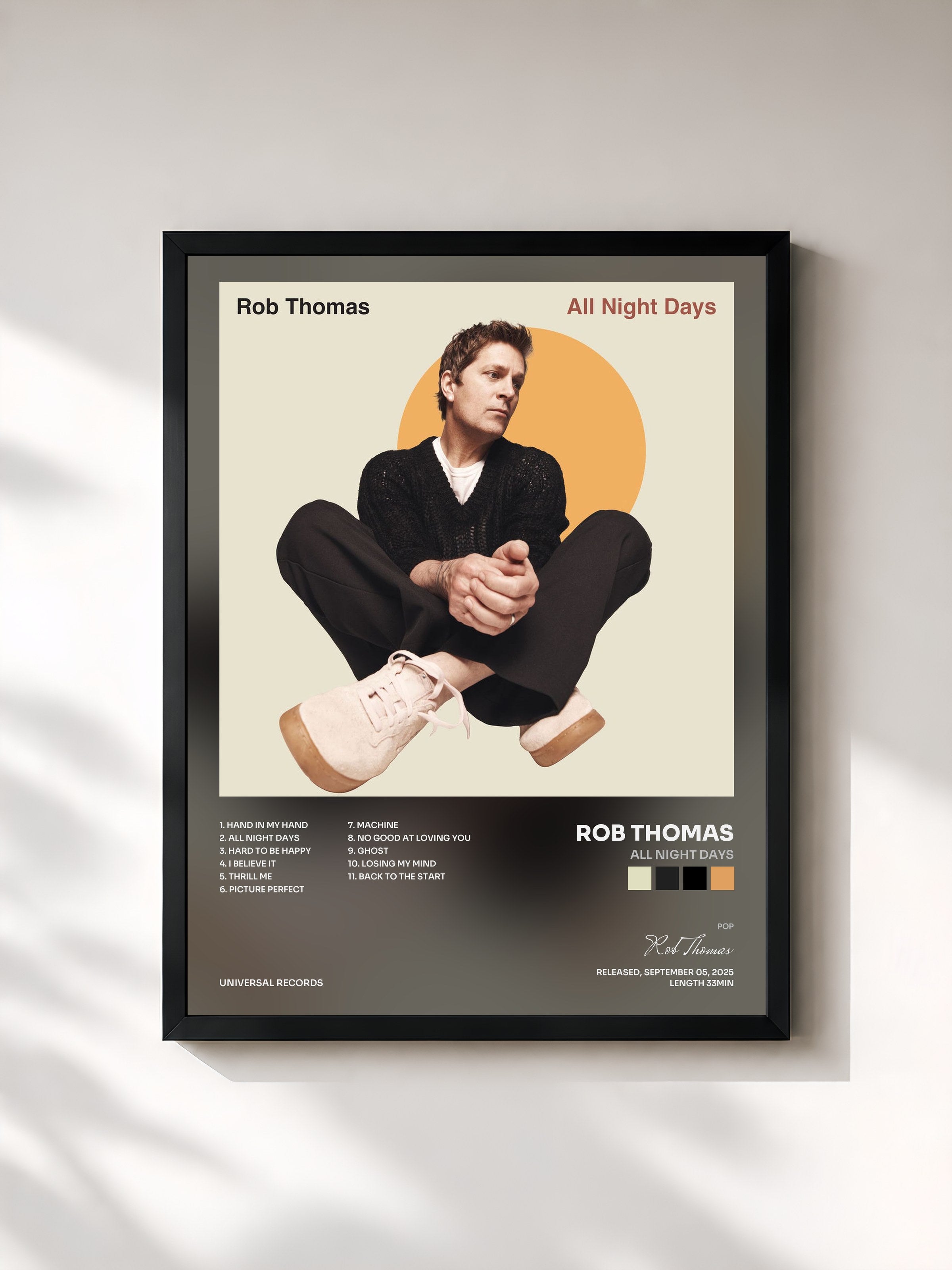 #noir Tableau de l'album All Night Days de Rob Thomas, cadre noir, imprimé et encadré en France