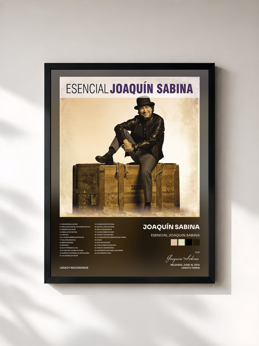 #noir Tableau de l'album Esencial Joaquin Sabina de Joaquín Sabina, cadre noir, imprimé et encadré en France