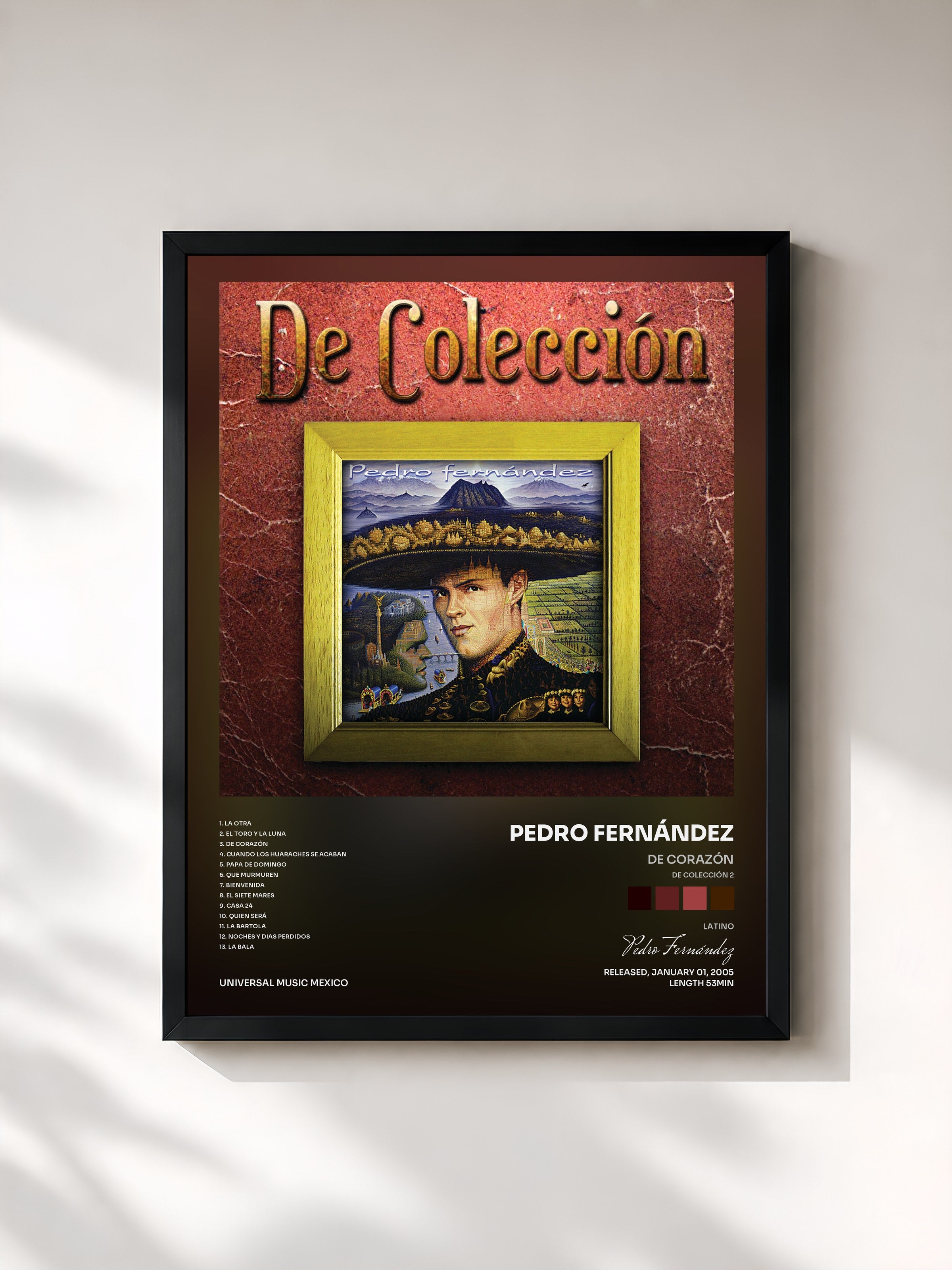 #noir Tableau de l'album De Corazón (De Colección 2) de Pedro Fernández, cadre noir, imprimé et encadré en France