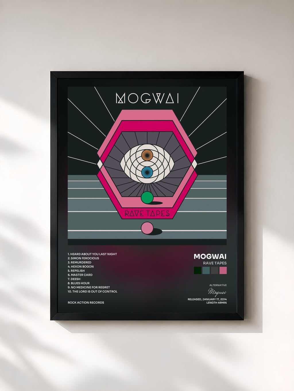 #noir Tableau de l'album Rave Tapes de Mogwai, cadre noir, imprimé et encadré en France