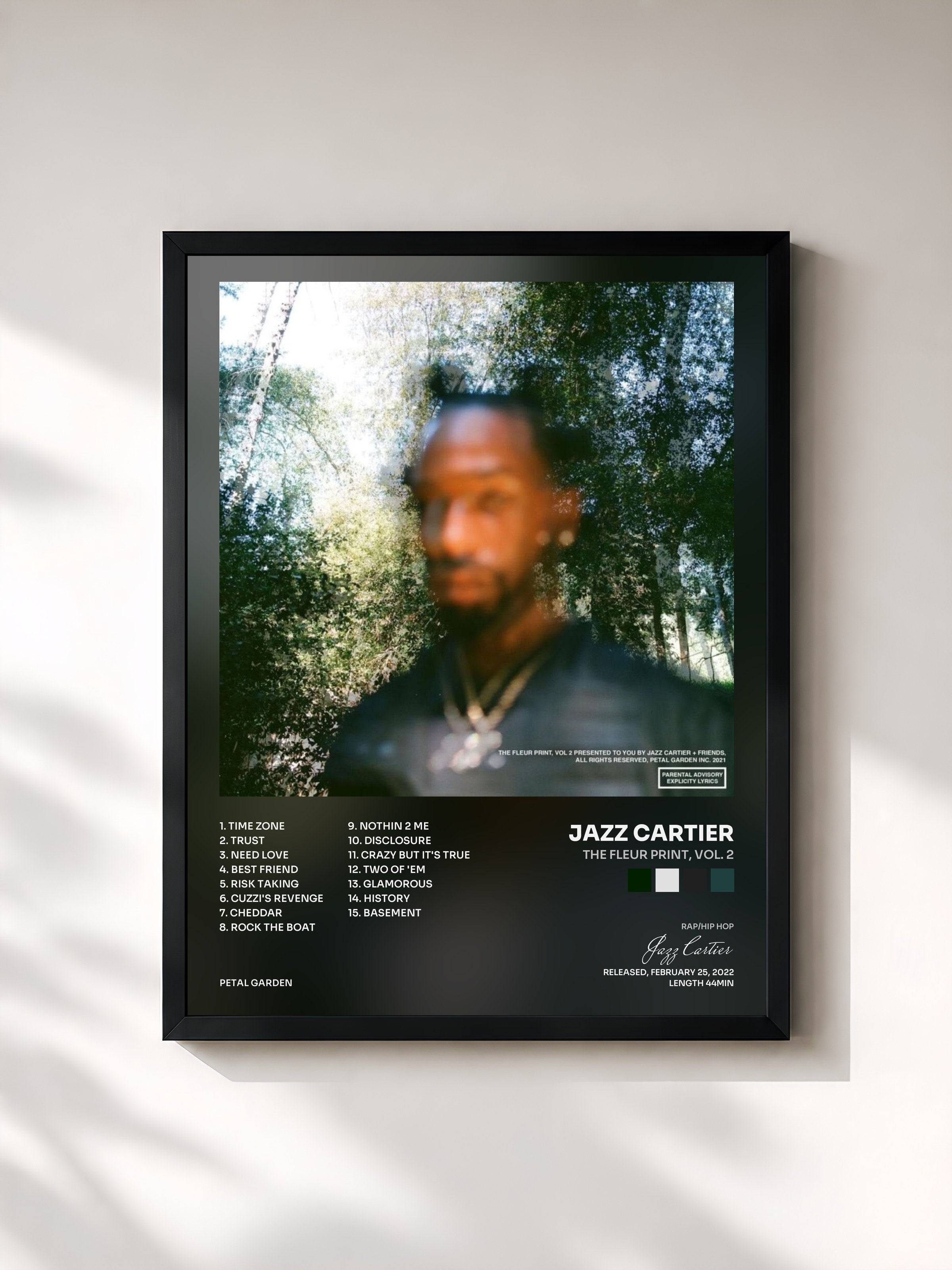 #noir Tableau de l'album The Fleur Print, Vol. 2 de Jazz Cartier, cadre noir, imprimé et encadré en France