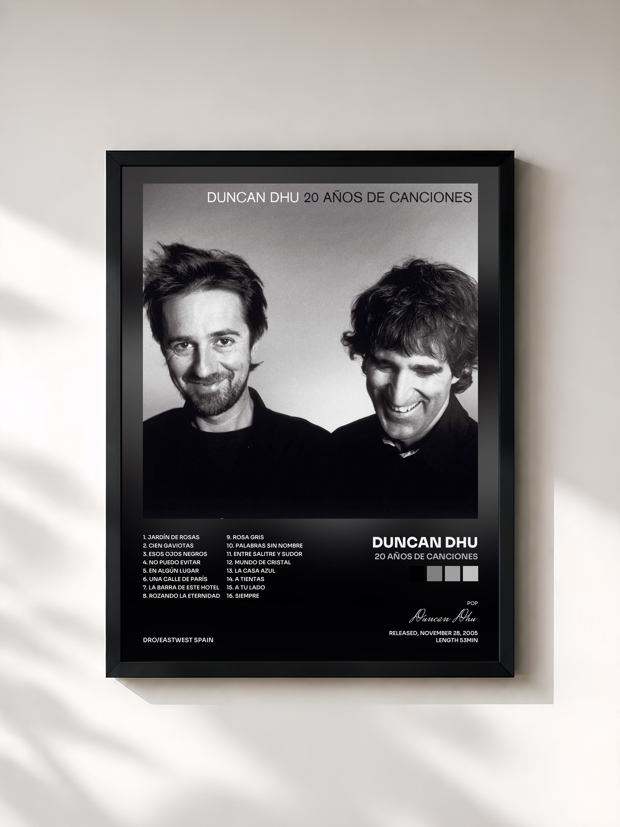 #noir Tableau de l'album 20 años de canciones de Duncan Dhu, cadre noir, imprimé et encadré en France