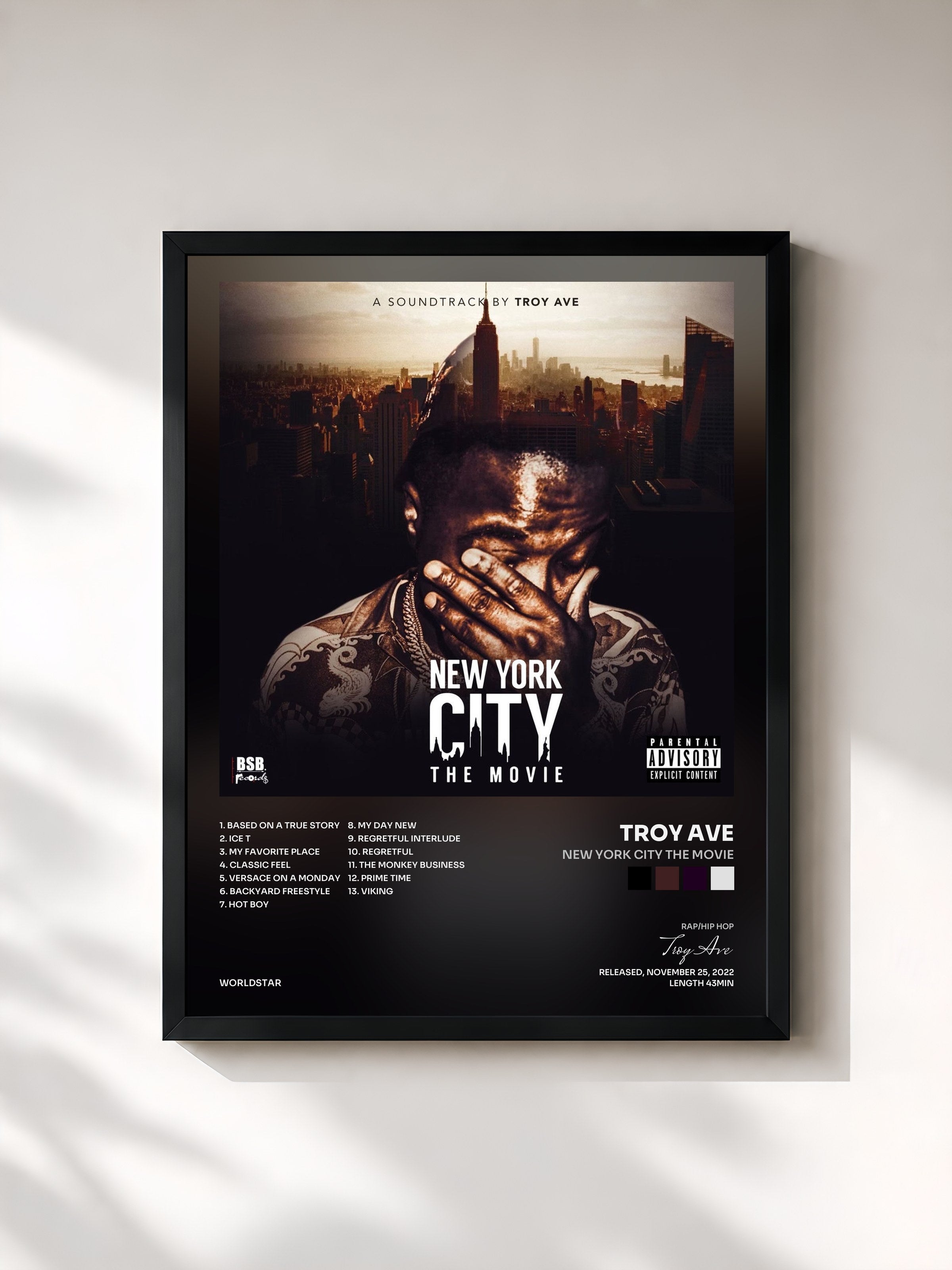 #noir Tableau de l'album New York City The Movie de Troy Ave, cadre noir, imprimé et encadré en France