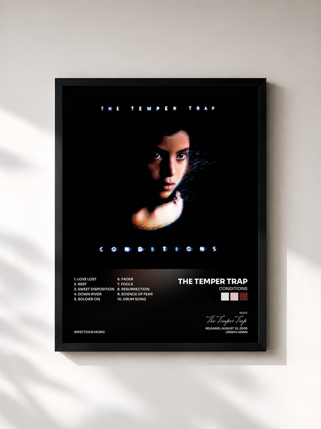 #noir Tableau de l'album Conditions de The Temper Trap, cadre noir, imprimé et encadré en France