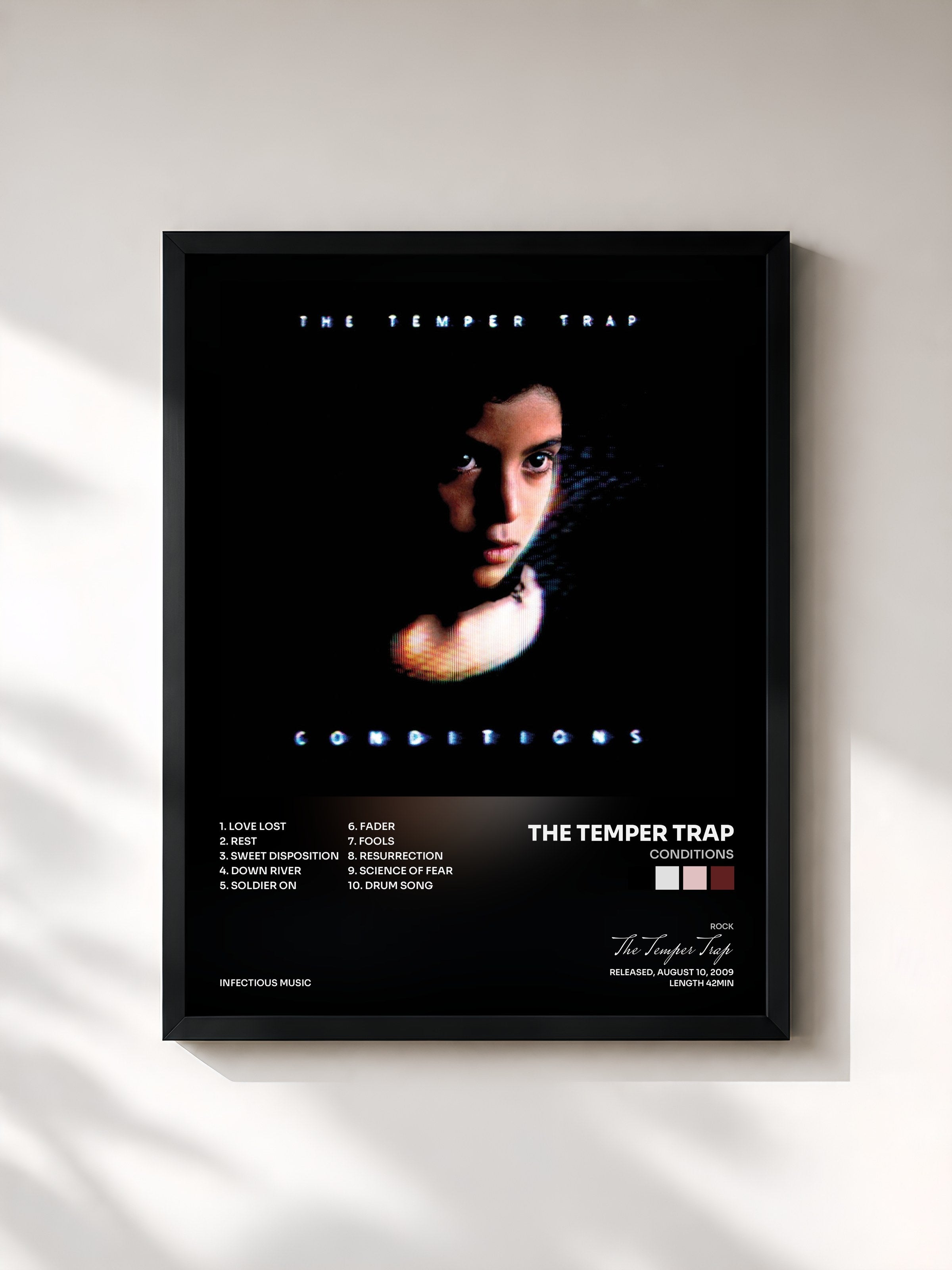 #noir Tableau de l'album Conditions de The Temper Trap, cadre noir, imprimé et encadré en France