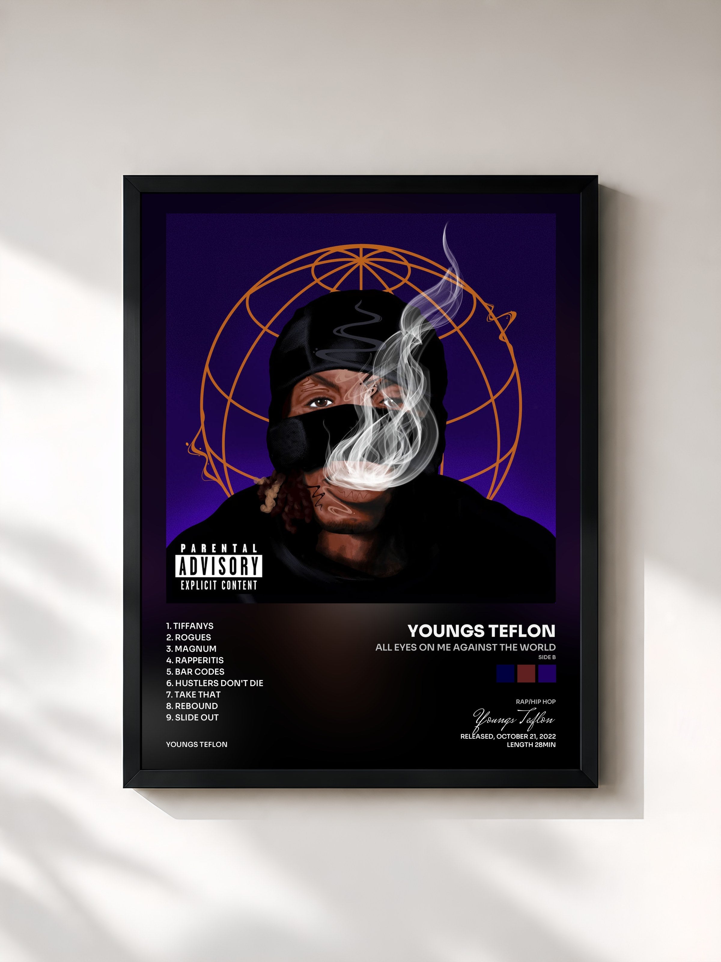 #noir Tableau de l'album All Eyes On Me Against The World (Side B) de Youngs Teflon, cadre noir, imprimé et encadré en France