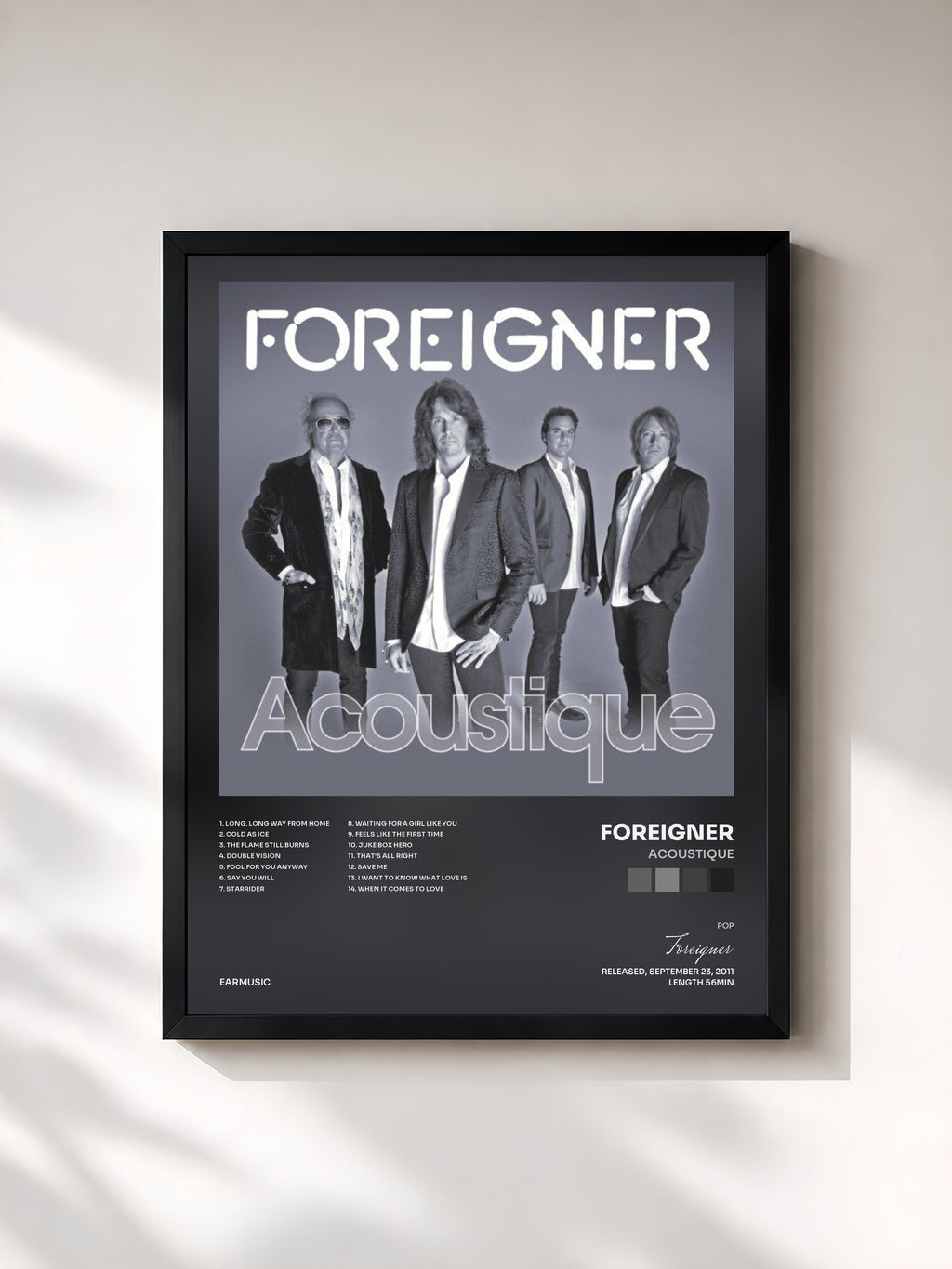 #noir Tableau de l'album Acoustique de Foreigner, cadre noir, imprimé et encadré en France