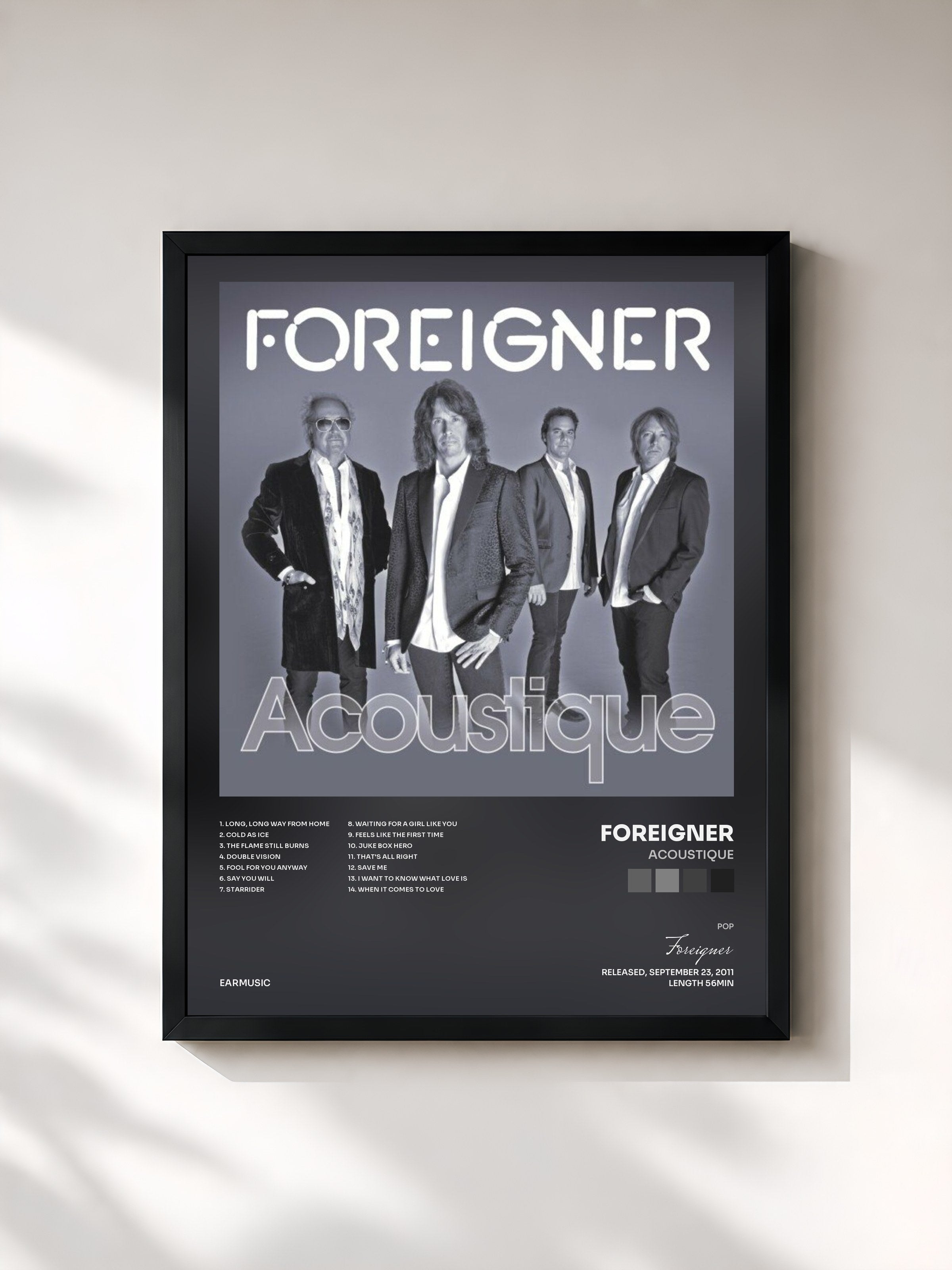 #noir Tableau de l'album Acoustique de Foreigner, cadre noir, imprimé et encadré en France