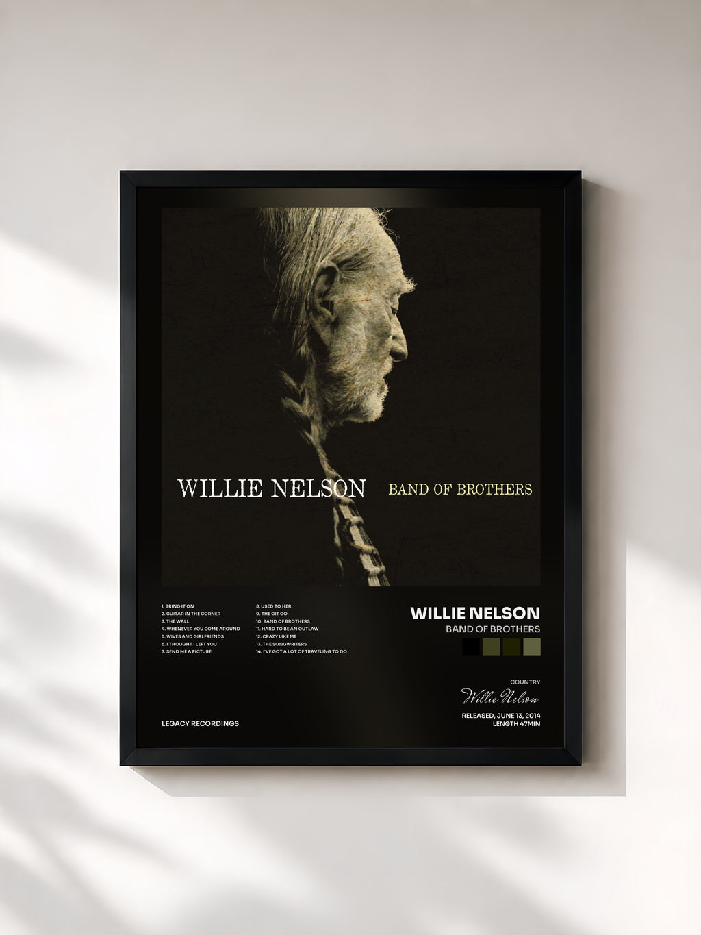 #noir Tableau de l'album Band of Brothers de Willie Nelson, cadre noir, imprimé et encadré en France