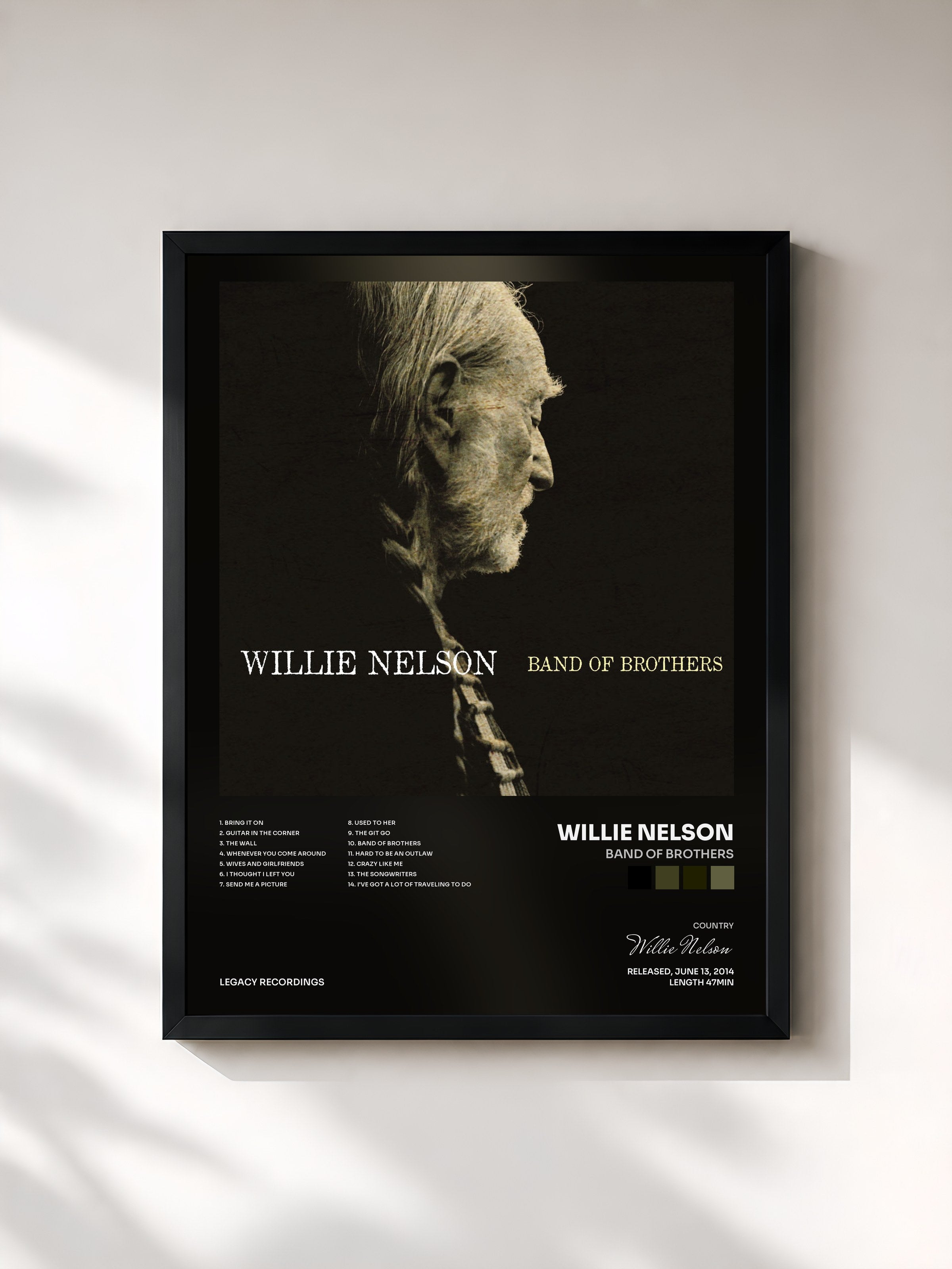 #noir Tableau de l'album Band of Brothers de Willie Nelson, cadre noir, imprimé et encadré en France
