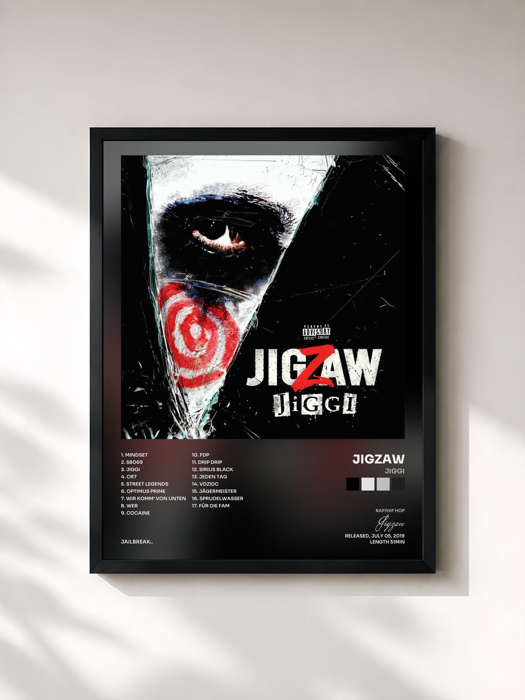 #noir Tableau de l'album Jiggi de Jigzaw, cadre noir, imprimé et encadré en France