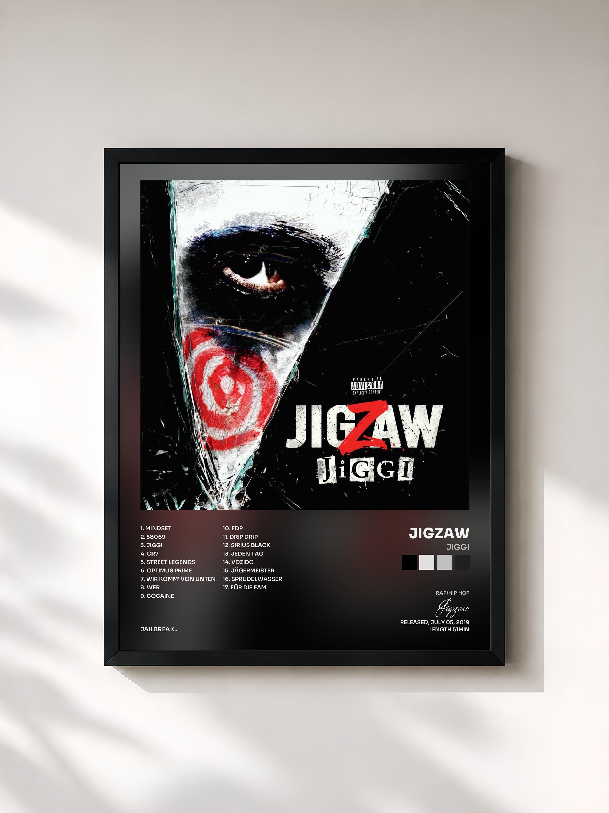 #noir Tableau de l'album Jiggi de Jigzaw, cadre noir, imprimé et encadré en France