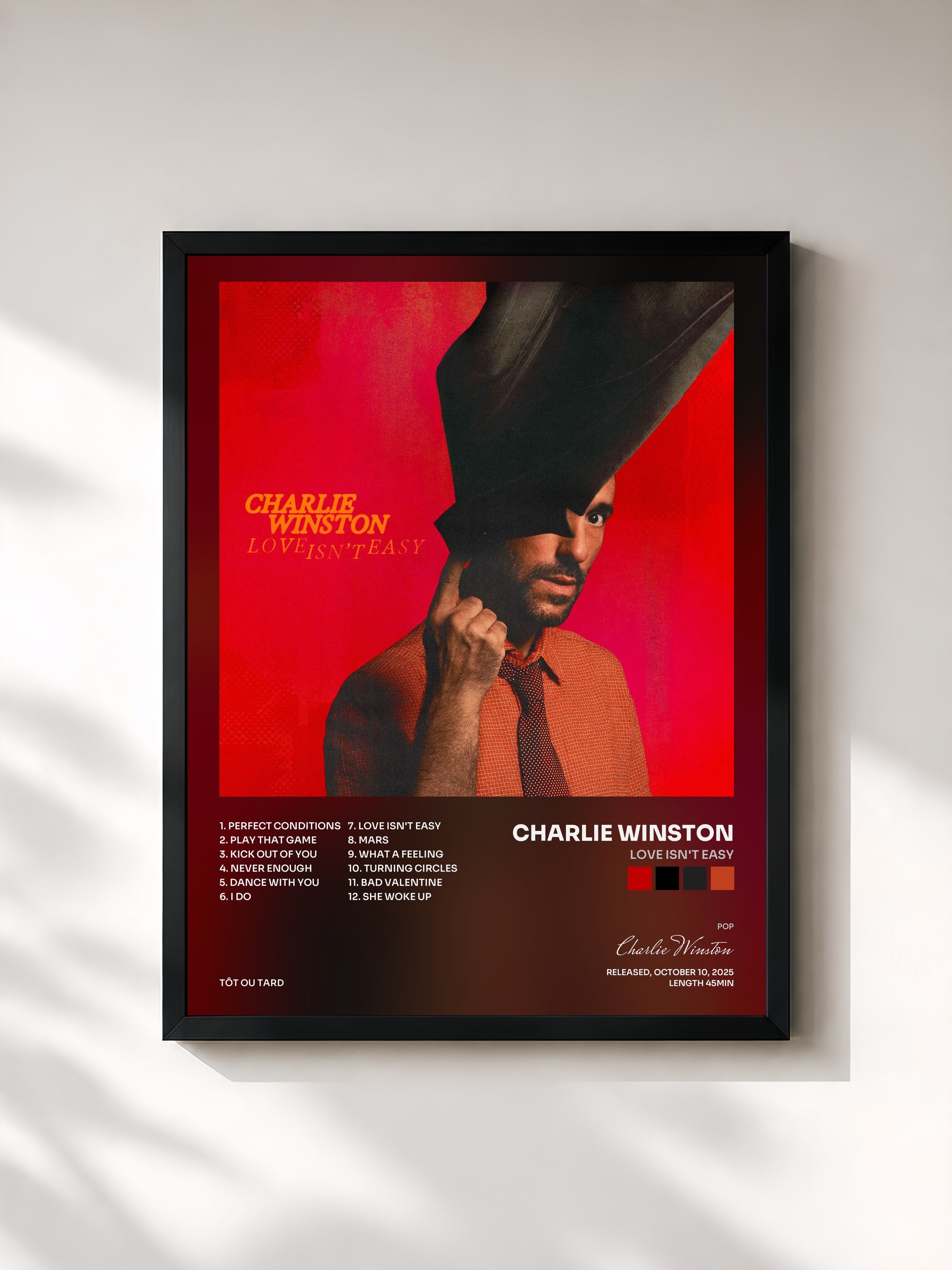 #noir Tableau de l'album Love Isn't Easy de Charlie Winston, cadre noir, imprimé et encadré en France