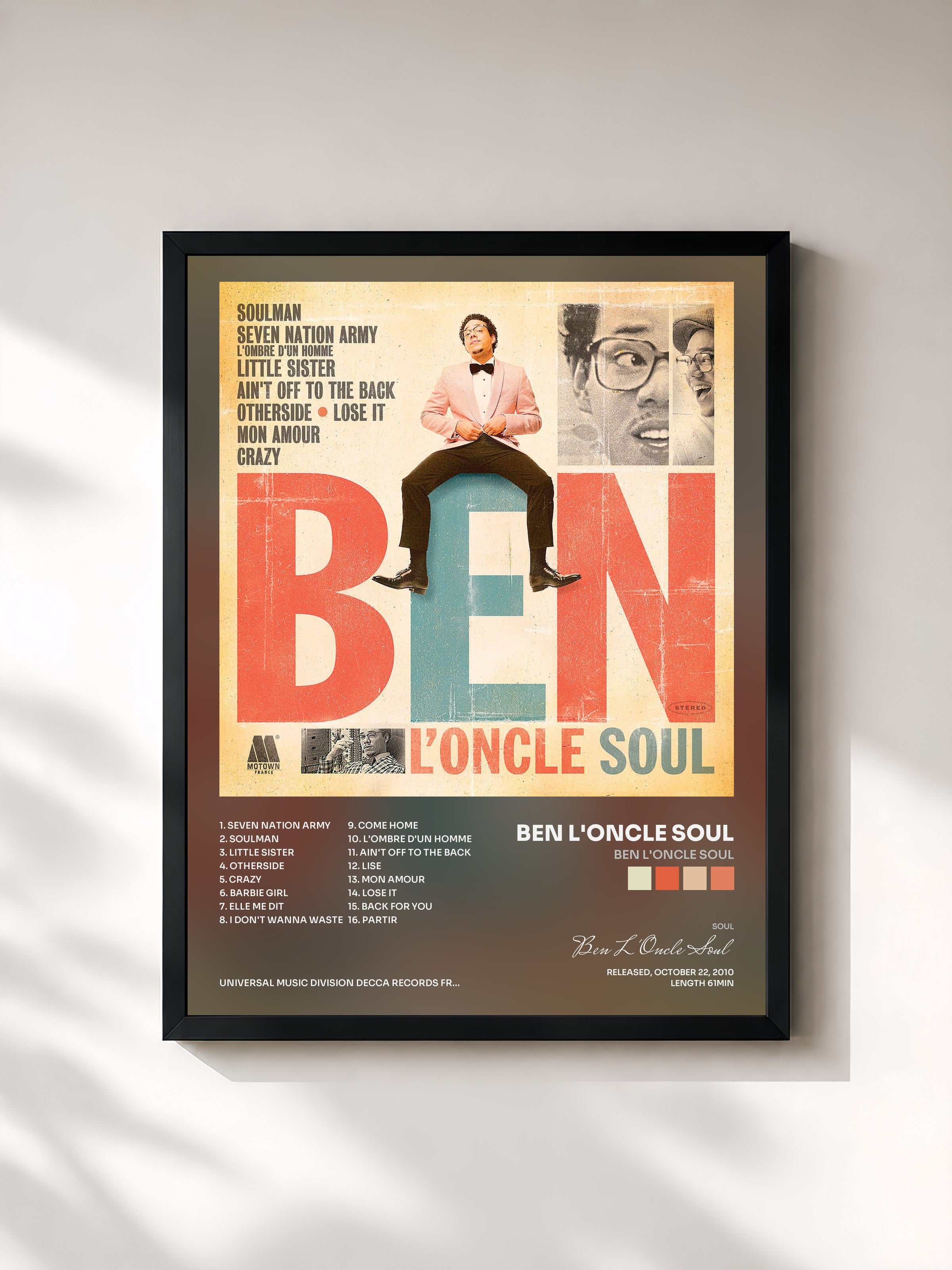 #noir Tableau de l'album Ben L'Oncle Soul de Ben L'Oncle Soul, cadre noir, imprimé et encadré en France