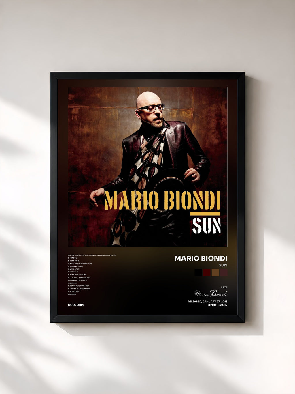 #noir Tableau de l'album Sun de Mario Biondi, cadre noir, imprimé et encadré en France