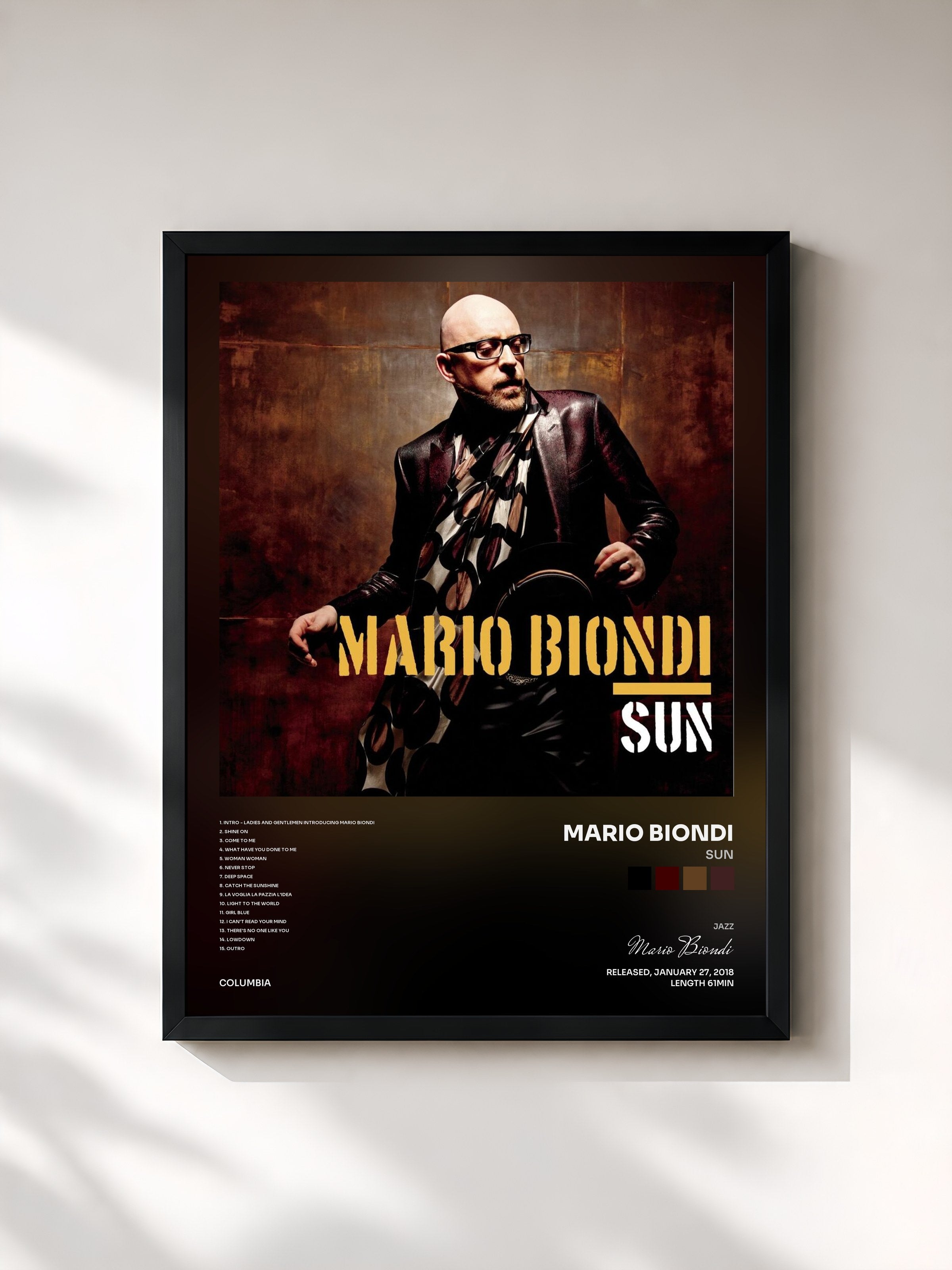 #noir Tableau de l'album Sun de Mario Biondi, cadre noir, imprimé et encadré en France