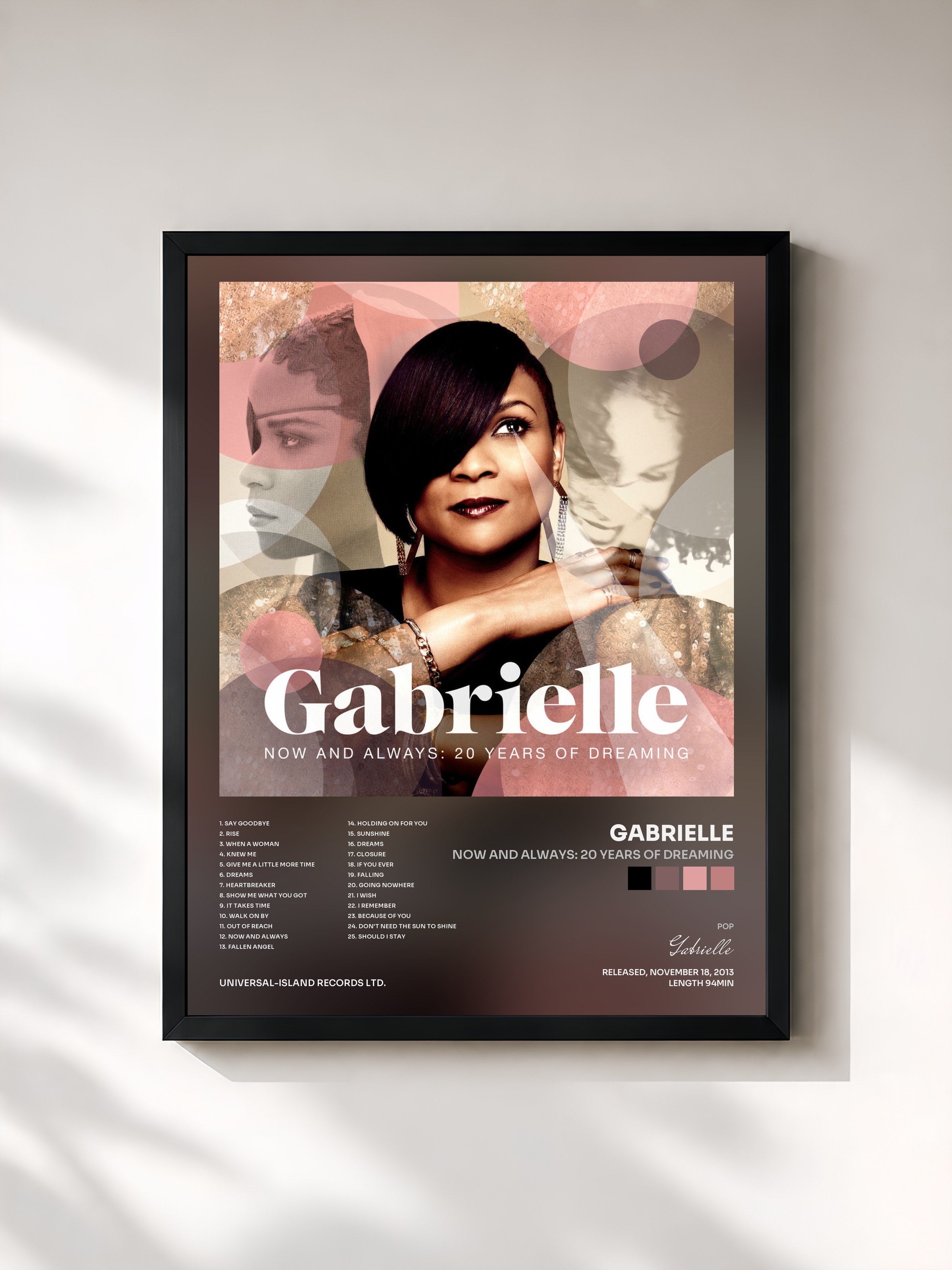 #noir Tableau de l'album Now And Always: 20 Years Of Dreaming de Gabrielle, cadre noir, imprimé et encadré en France