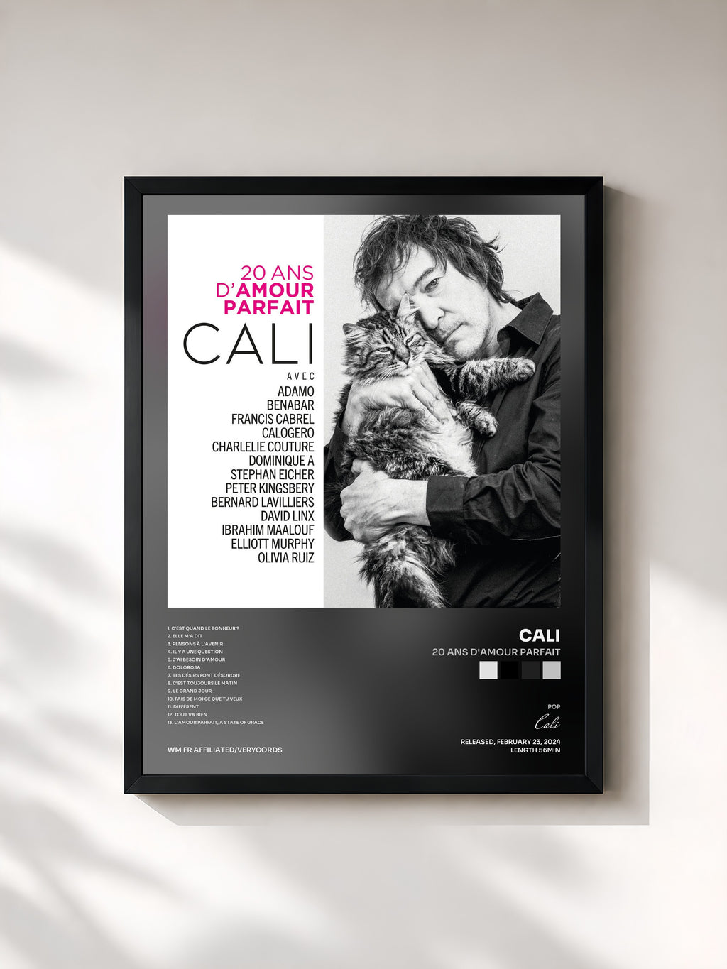 #noir Tableau de l'album 20 ans d'amour parfait de Cali, cadre noir, imprimé et encadré en France
