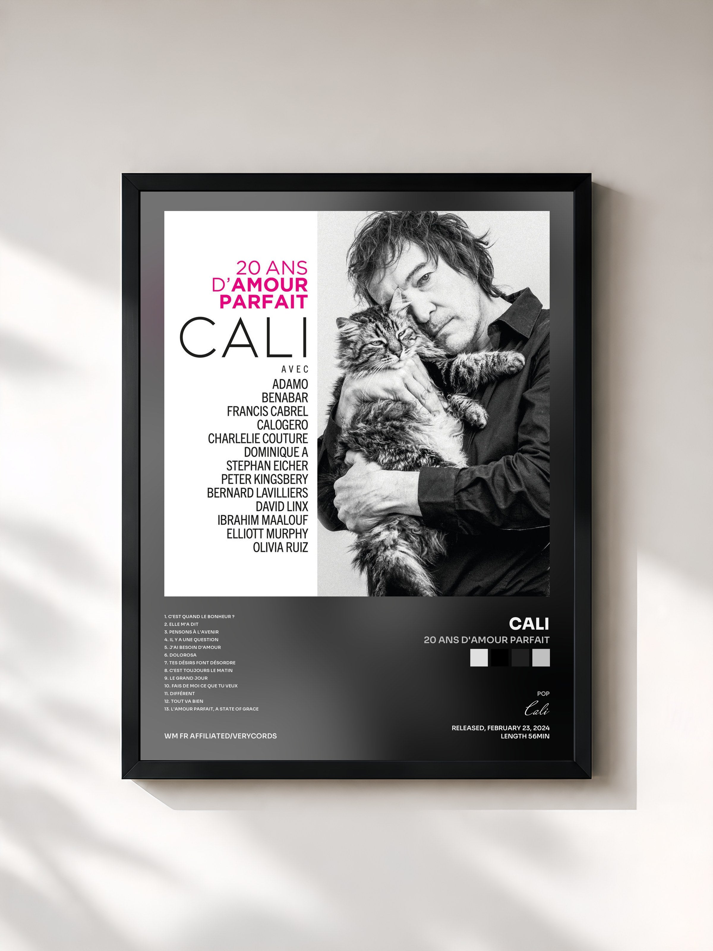 #noir Tableau de l'album 20 ans d'amour parfait de Cali, cadre noir, imprimé et encadré en France